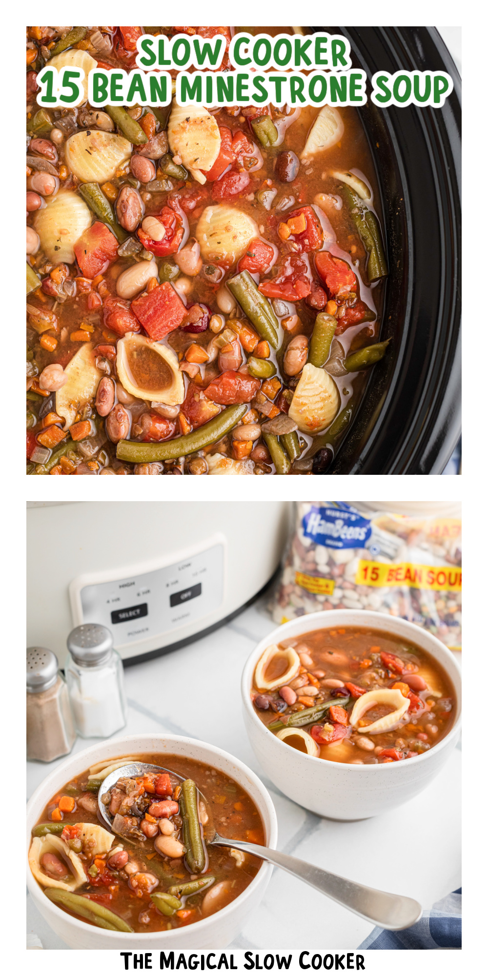 Two images of slow cooker 15 bean soup with text title overlay.