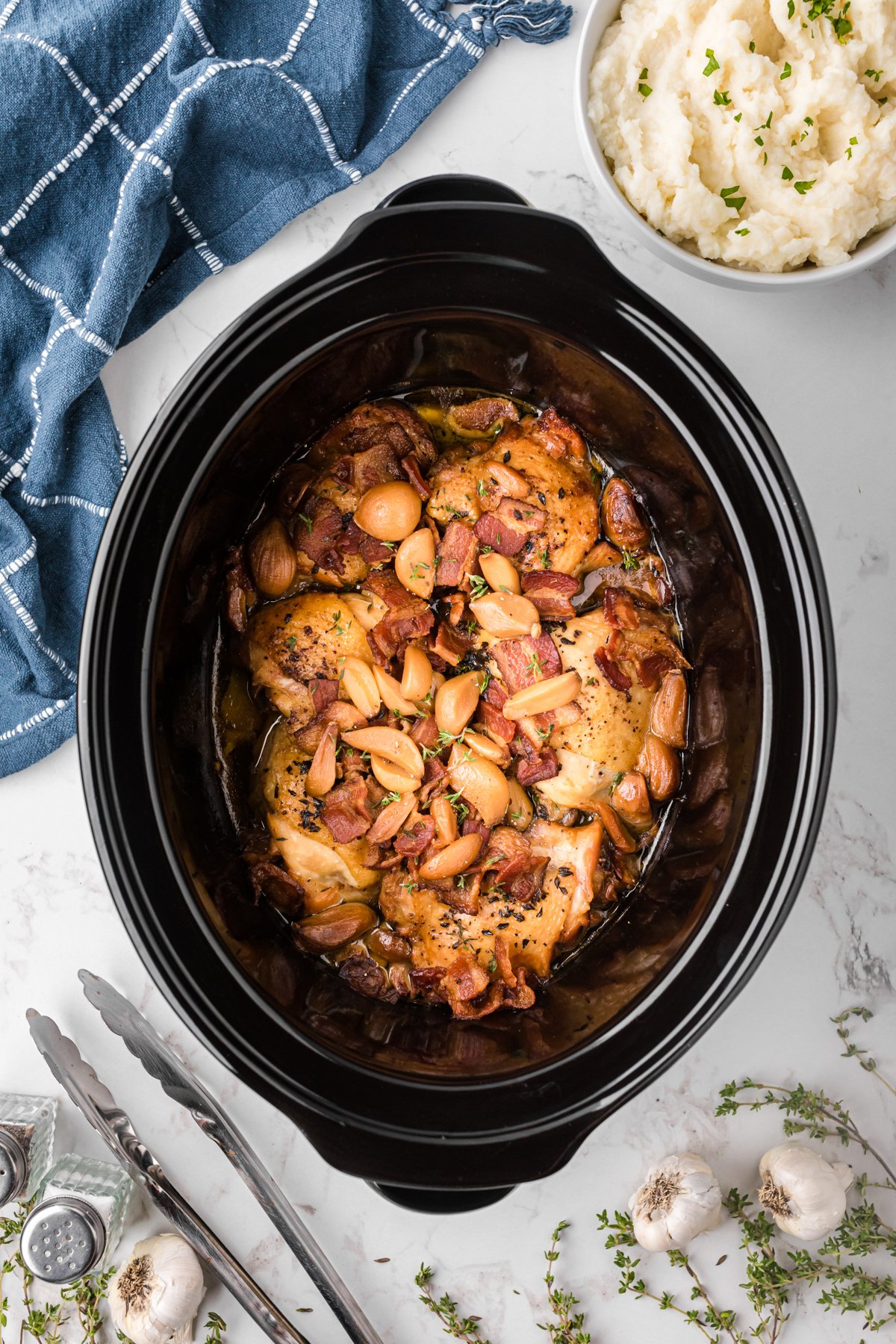 Slow cooker 40 clove chicken after cooking.
