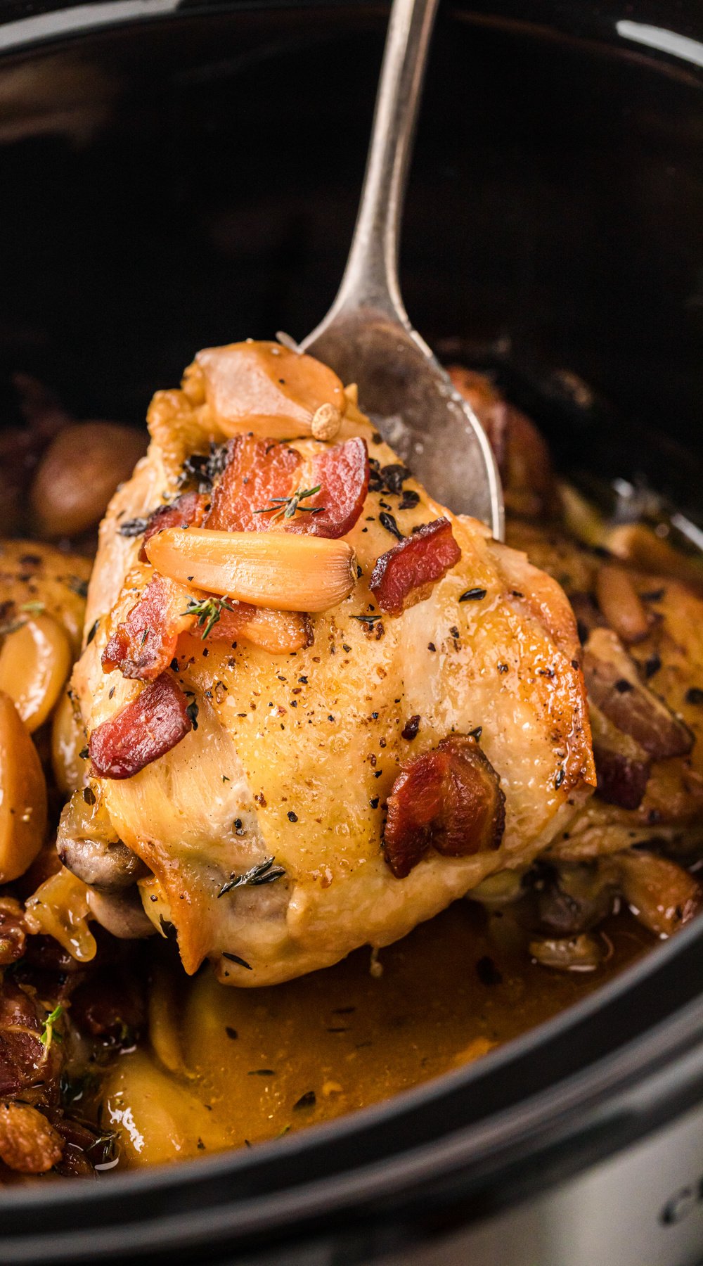 Long image of slow cooker 40 clove chicken.