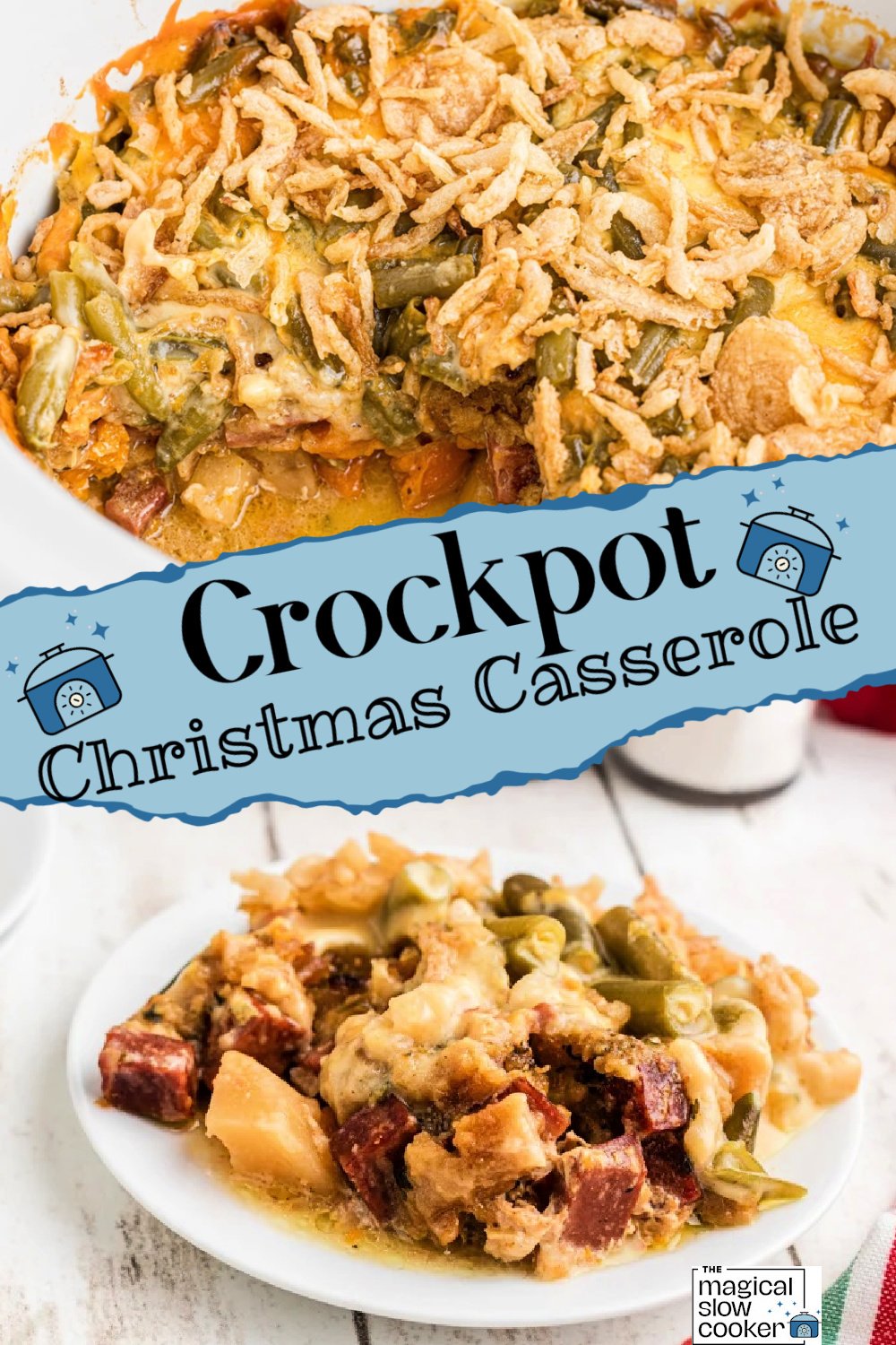 2 images of Christmas casserole with text overlay.