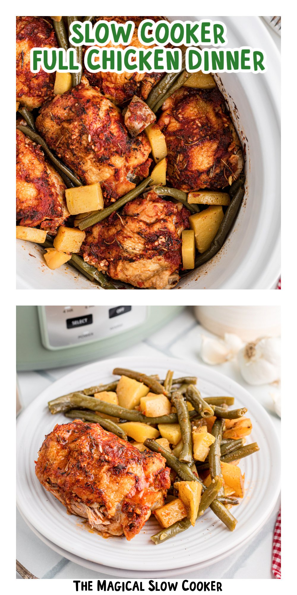 Two images of slow cooker full chicken dinner with text title overlay.