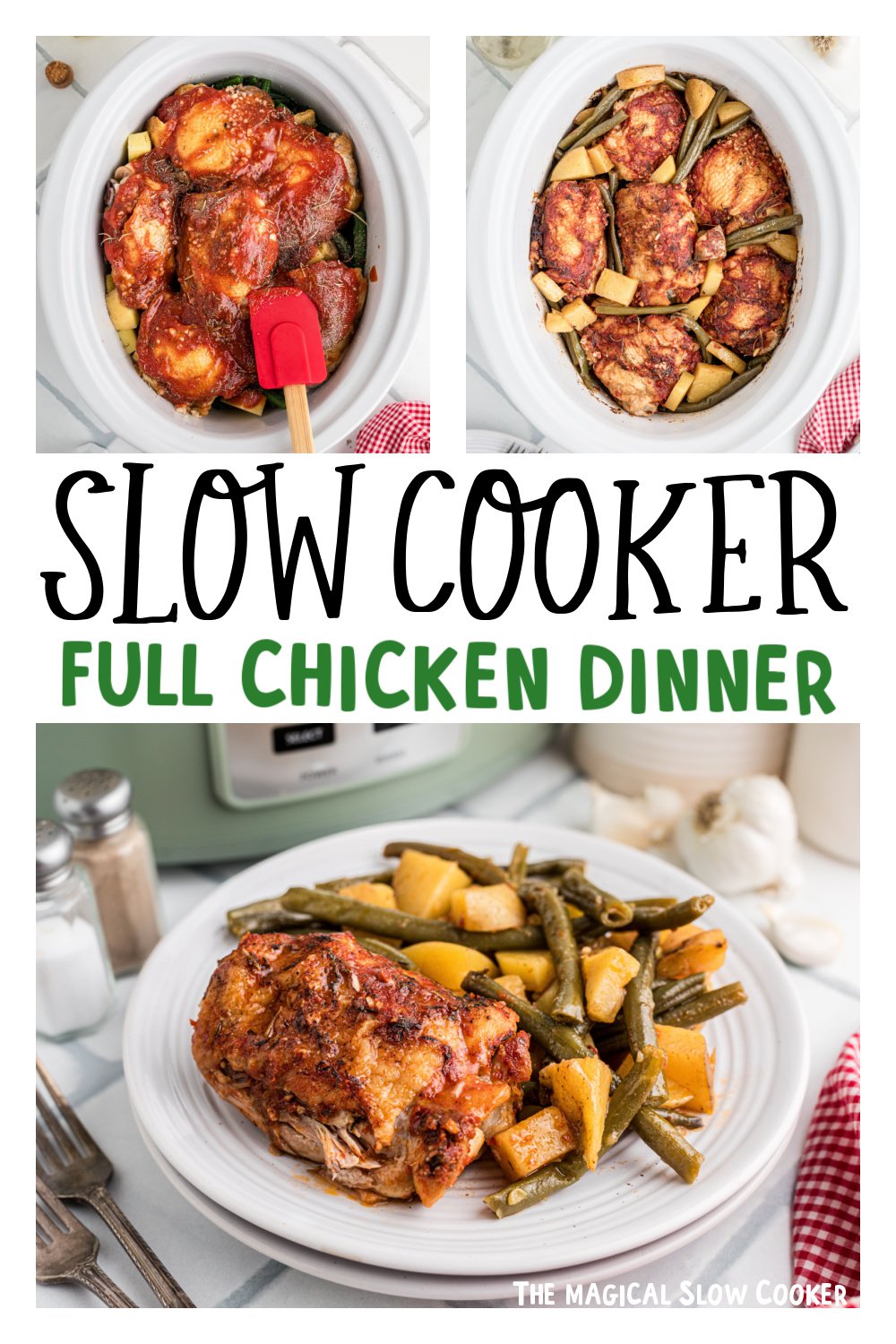Three images of slow cooker full chicken dinner for pinterest.