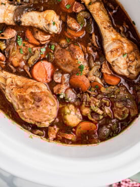Overhead of slow cooker merlot chicken.