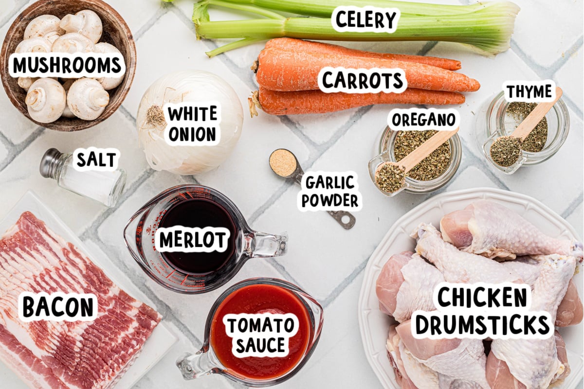 Ingredients for slow cooker merlot chicken on a table.