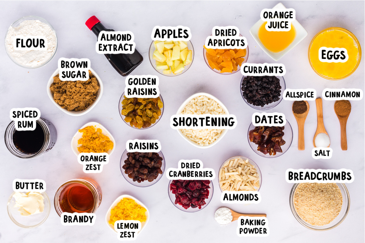 ingredients for figgy pudding on a table.
