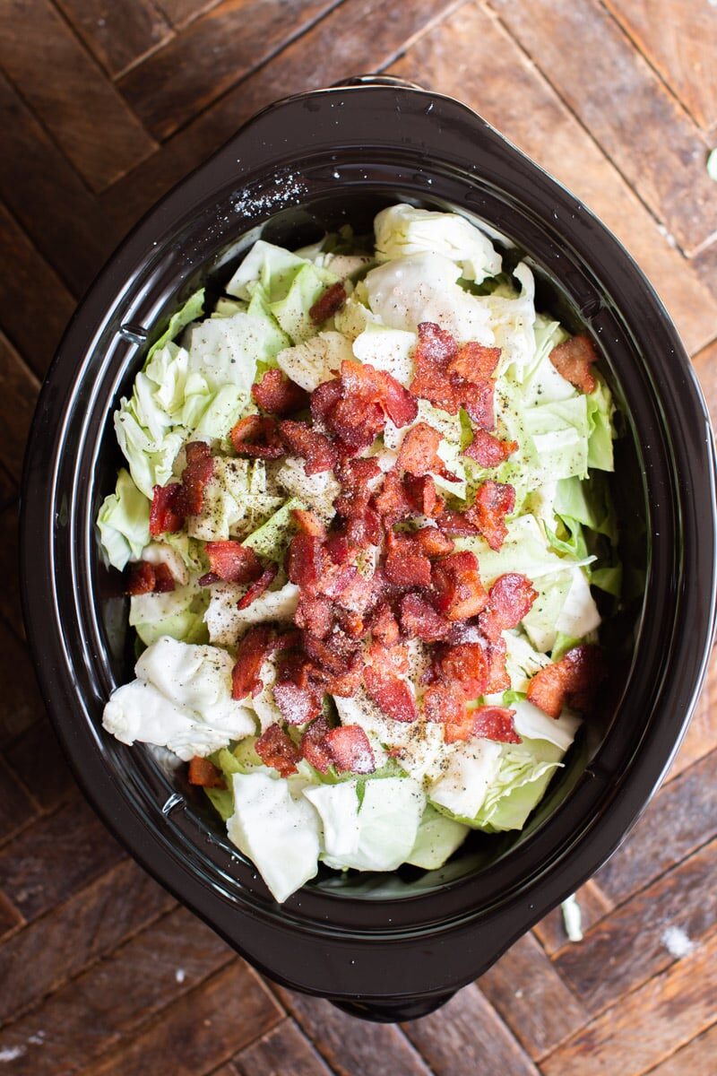 Full crockpot of cabbage and bacon.