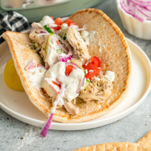 chicken gyro on plate in front of a slow cooker.