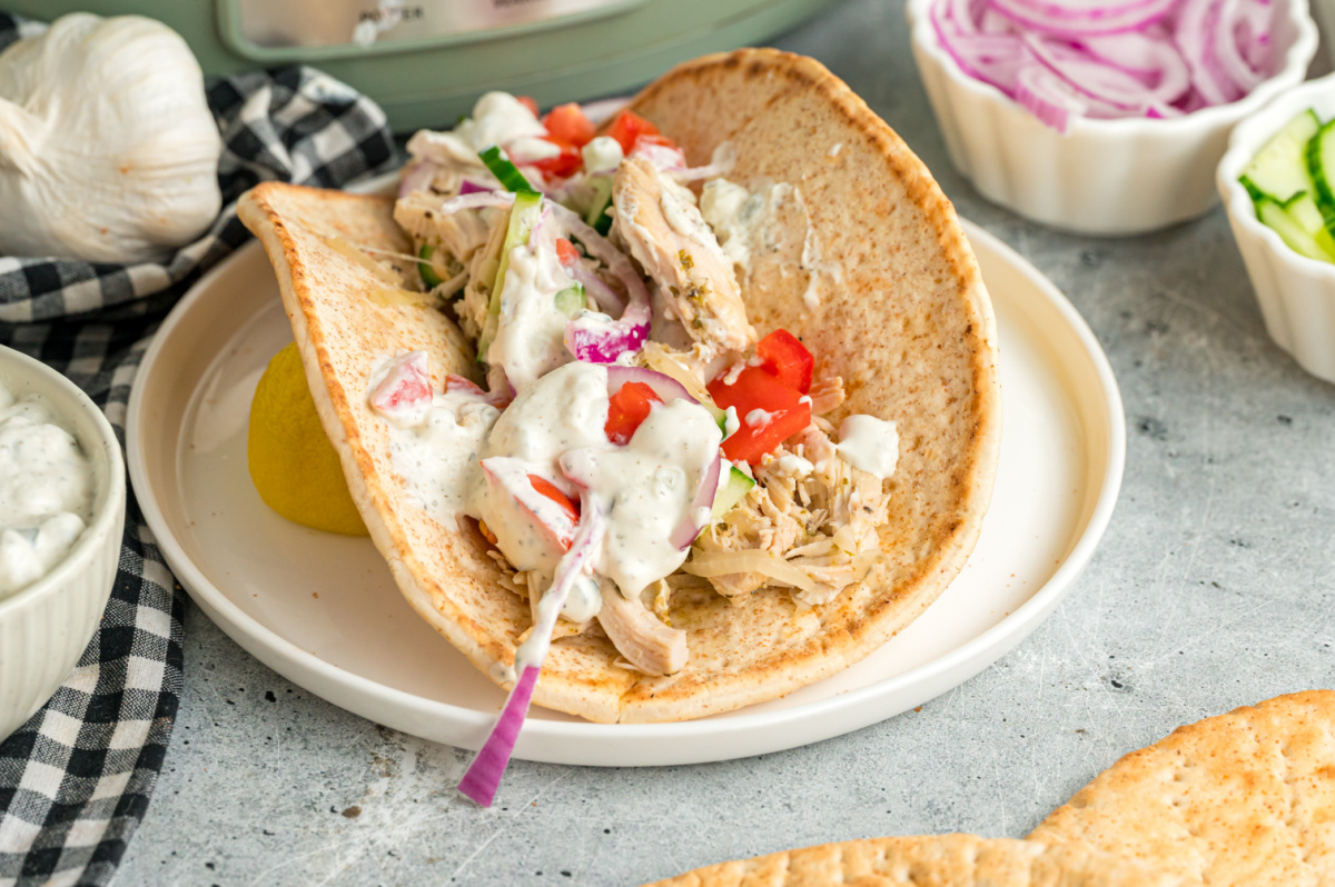 chicken gyro on plate in front of a slow cooker.