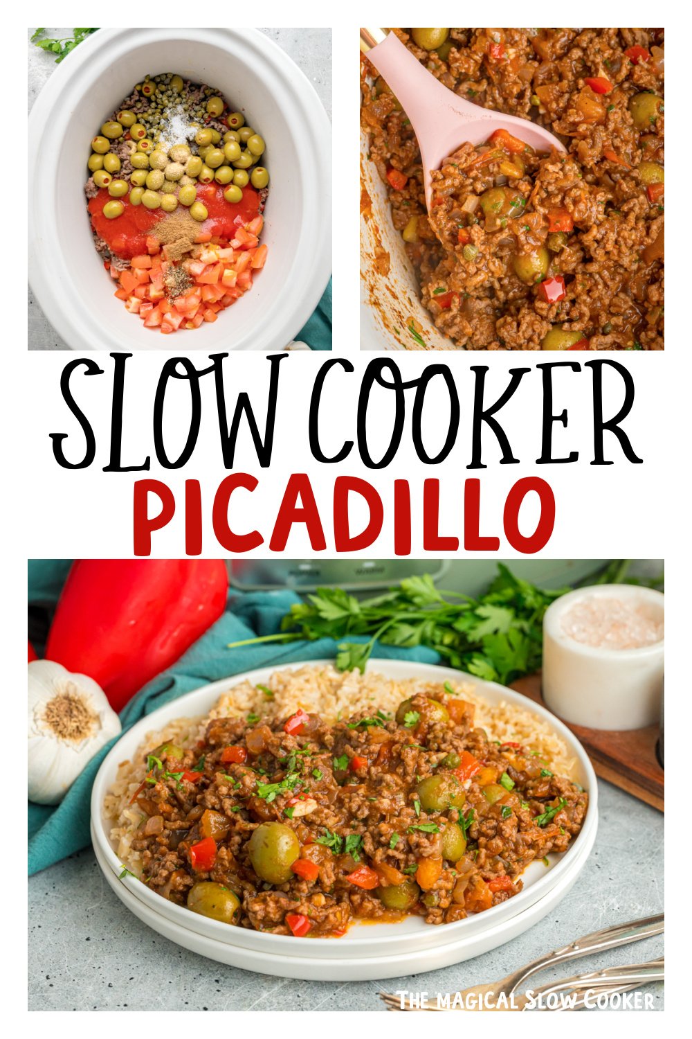 Three images of slow cooker picadillo for pinterest.