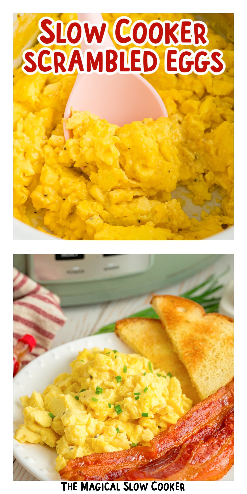 Two images of slow cooker scrambled eggs with text title overlay.