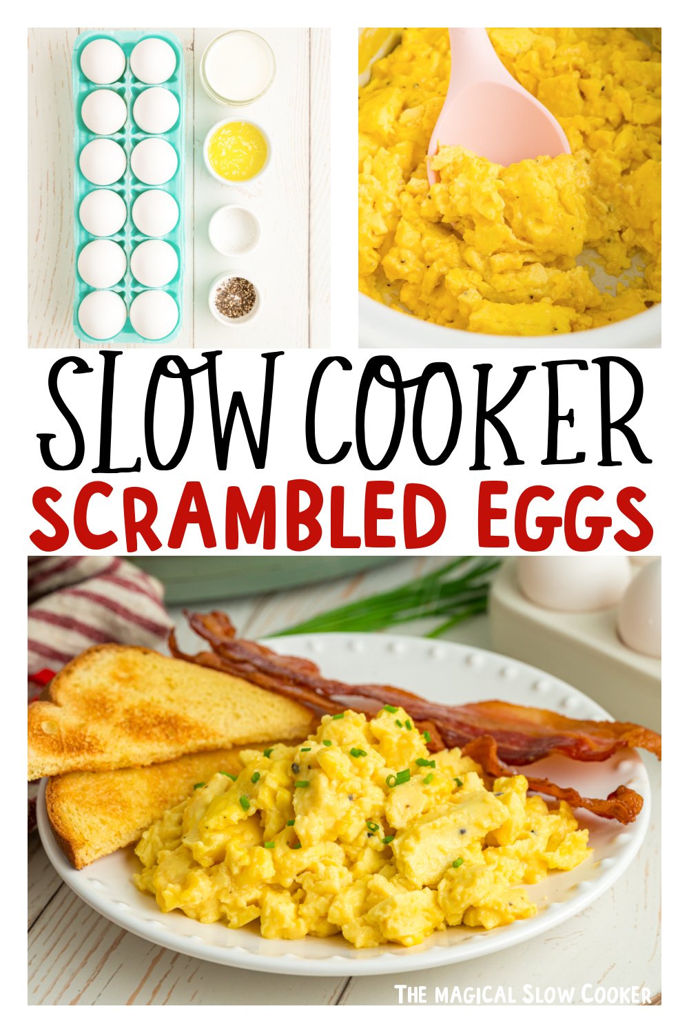 Three images of slow cooker scrambled eggs for pinterest.