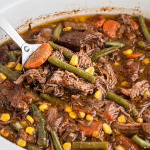 shredded beef dinner in a slow cooker.