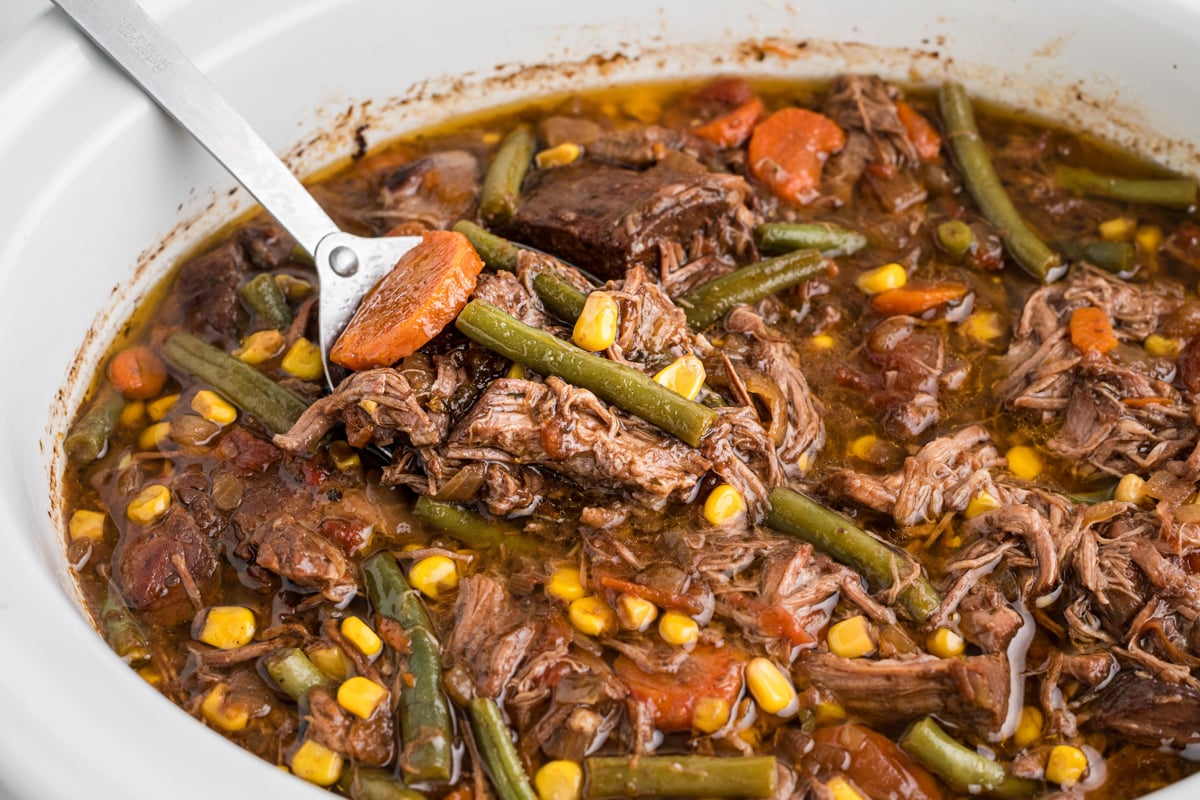 shredded beef dinner in a slow cooker.