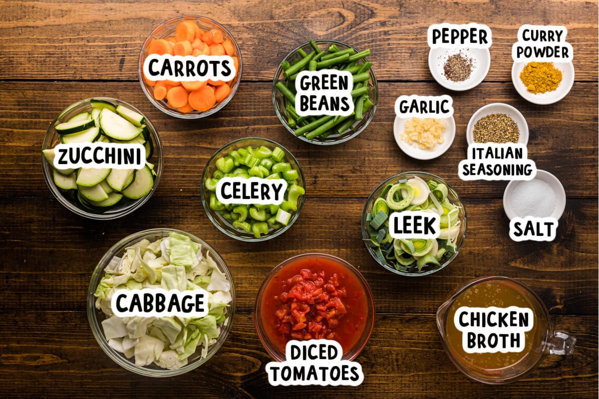 Ingredients for slow cooker weight loss soup on a table.