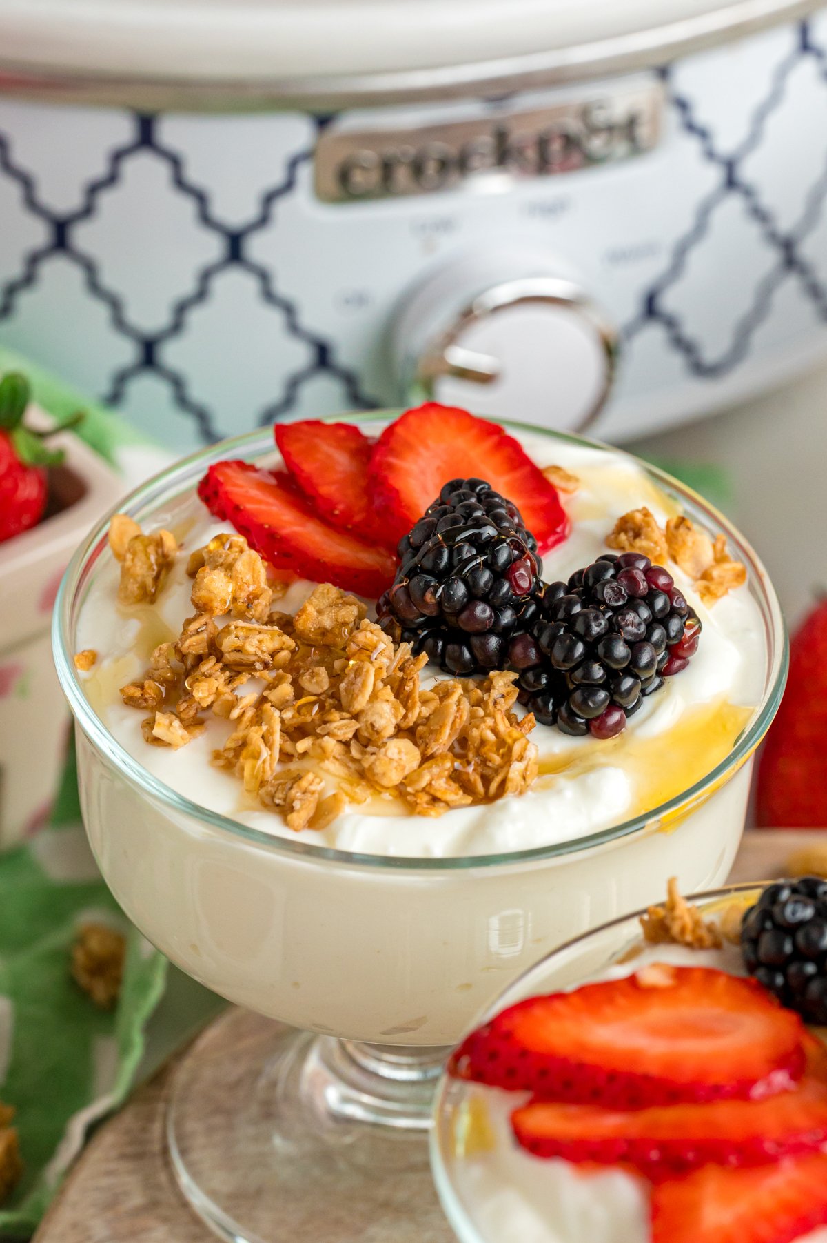 Slow cooker yogurt in a serving dish with toppings.