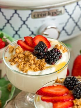 Servings of slow cooker yogurt topped with fruit, granola, and honey.