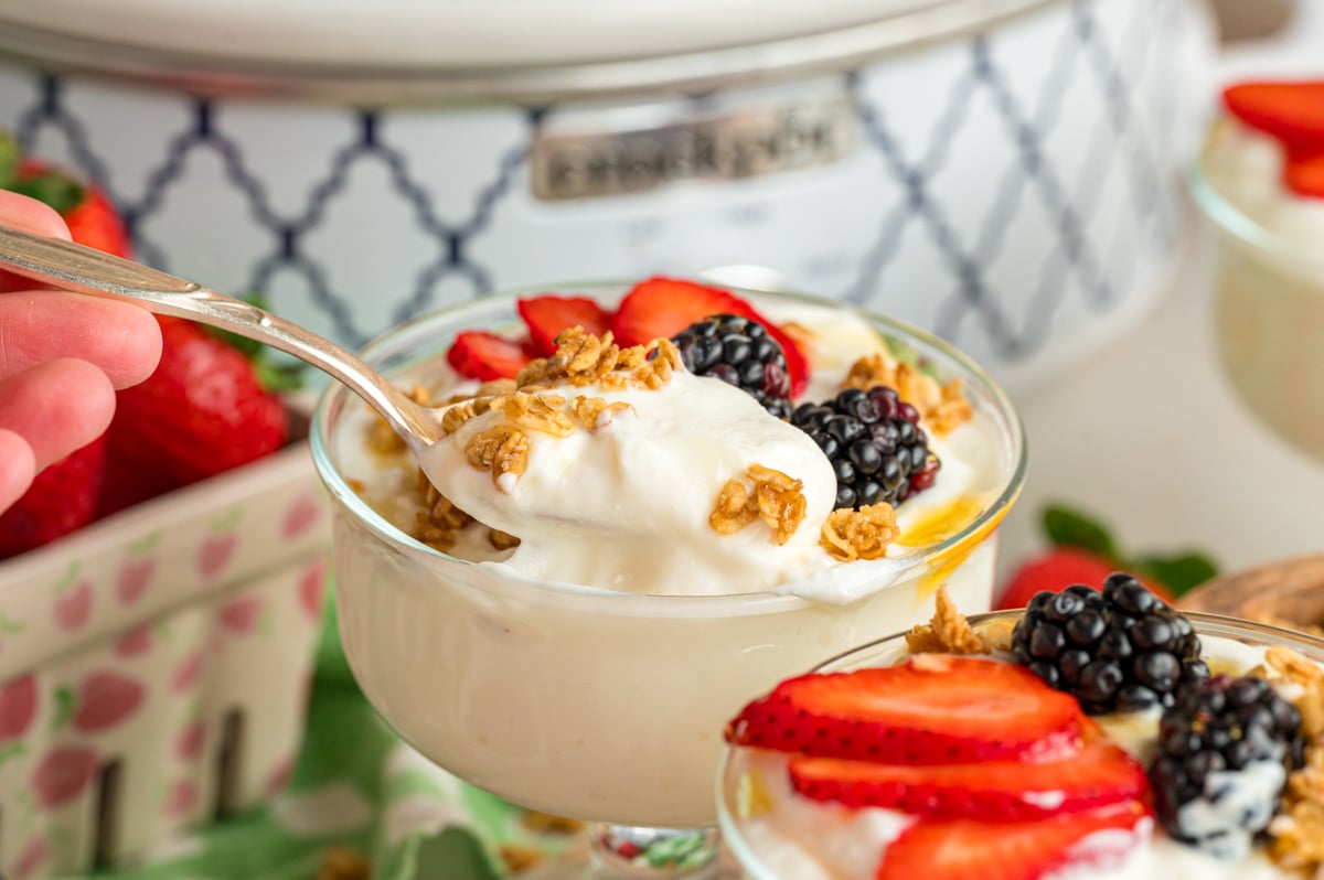 A hand grabbing a spoonful of slow cooker yogurt from a serving dish.