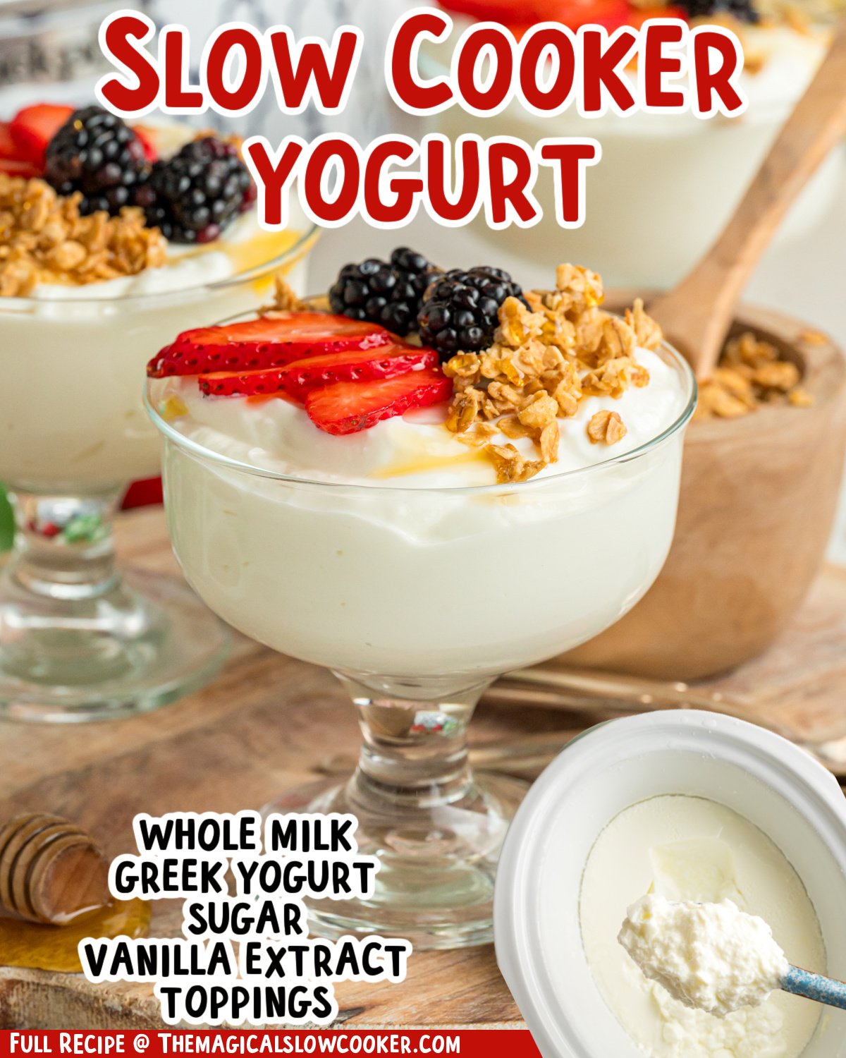 Two images of slow cooker yogurt with text list of ingredients.