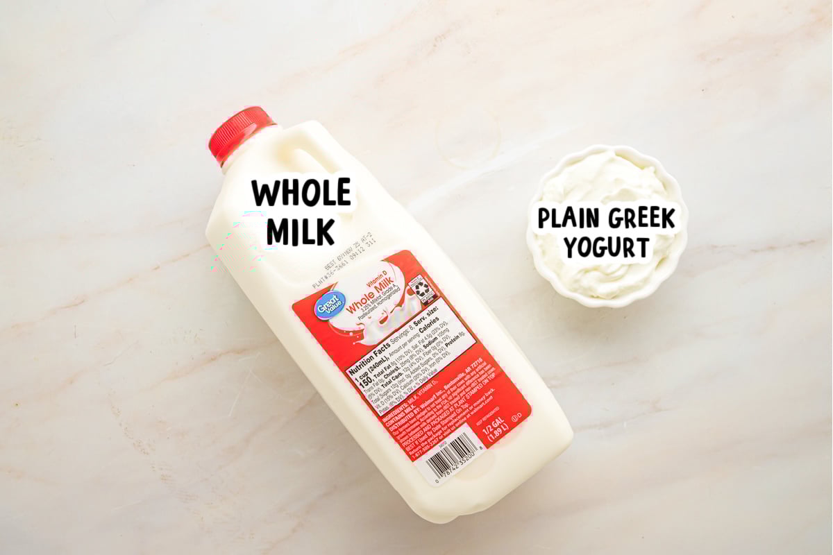 Ingredients for slow cooker yogurt on a table.