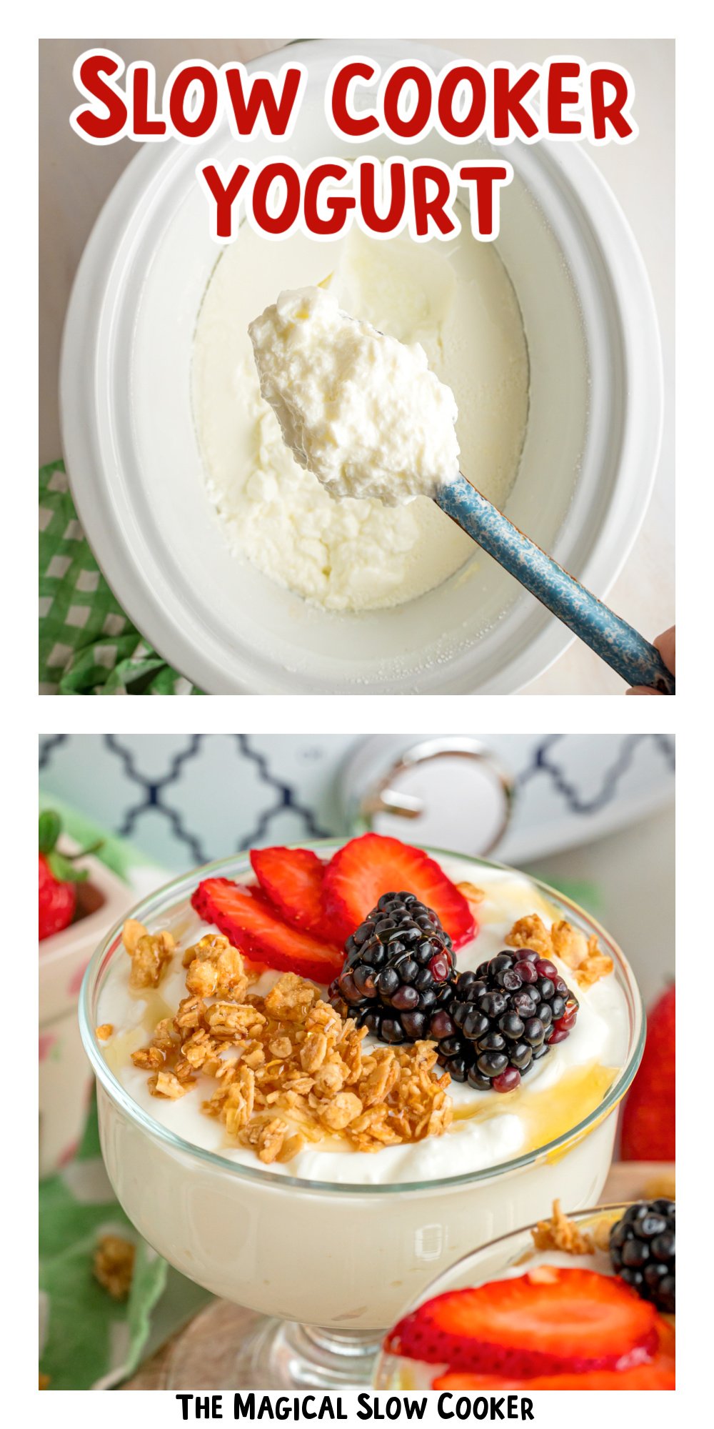 Two images of slow yogurt with text title overlay.