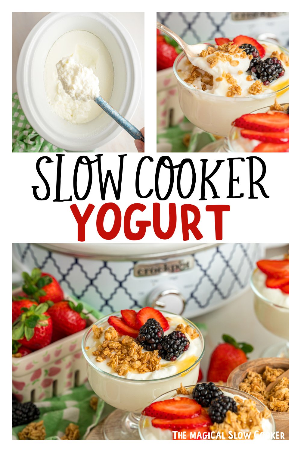 Three images of slow cooker yogurt for pinterest.