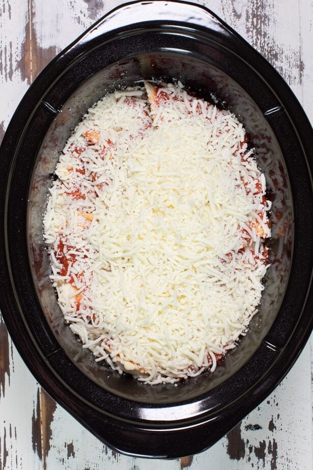 fully assembled ravioli in slow cooker.