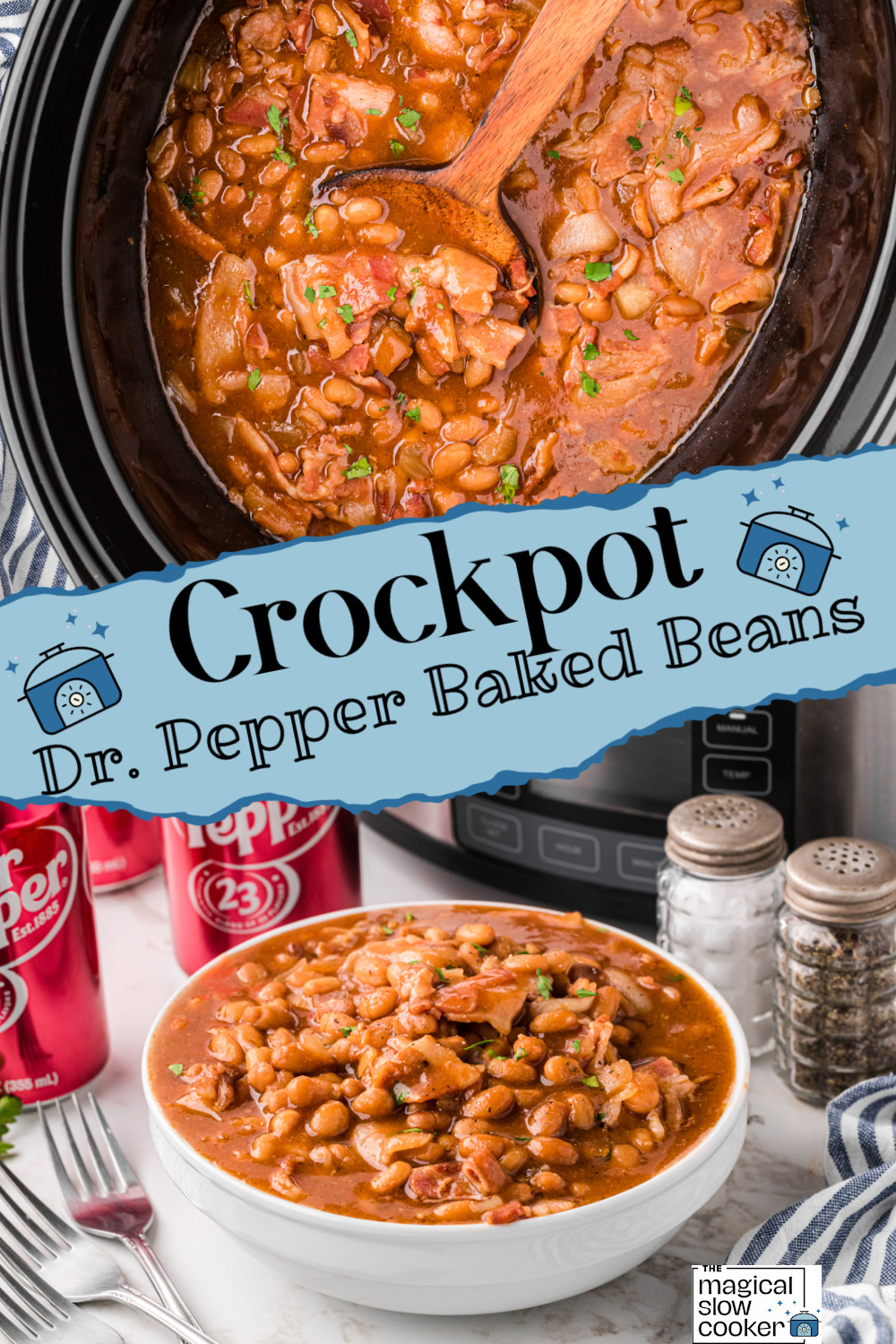 ingredients for dr pepper beans and a bowl of beans.