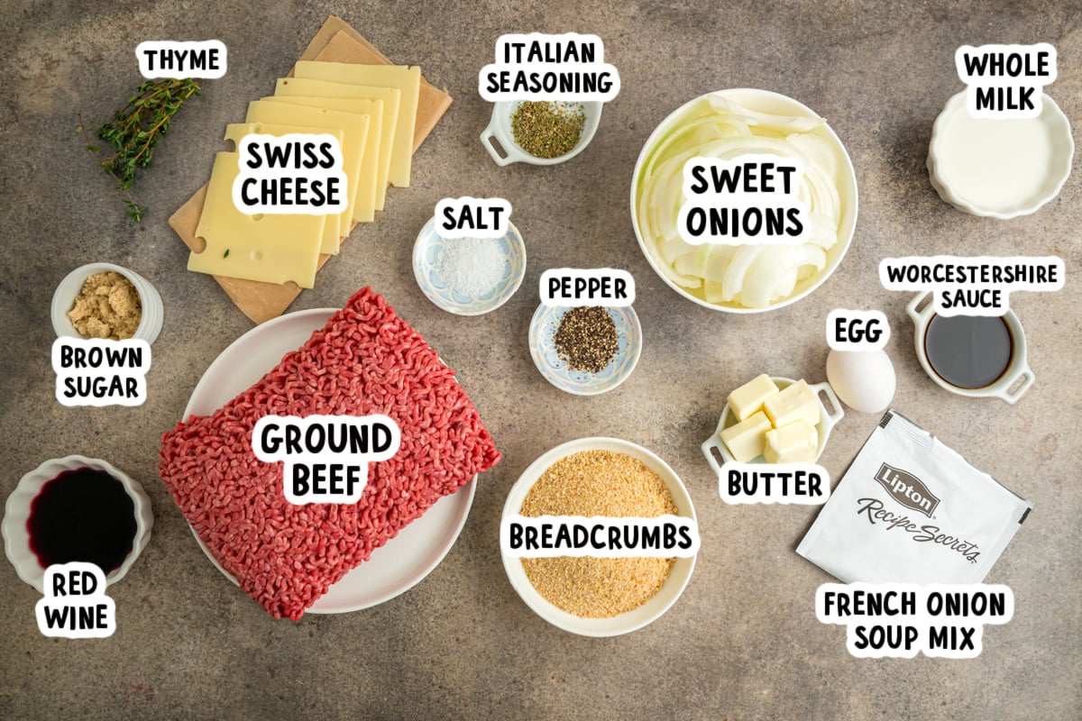 Ingredients for slow cooker french onion meatloaf on a table.