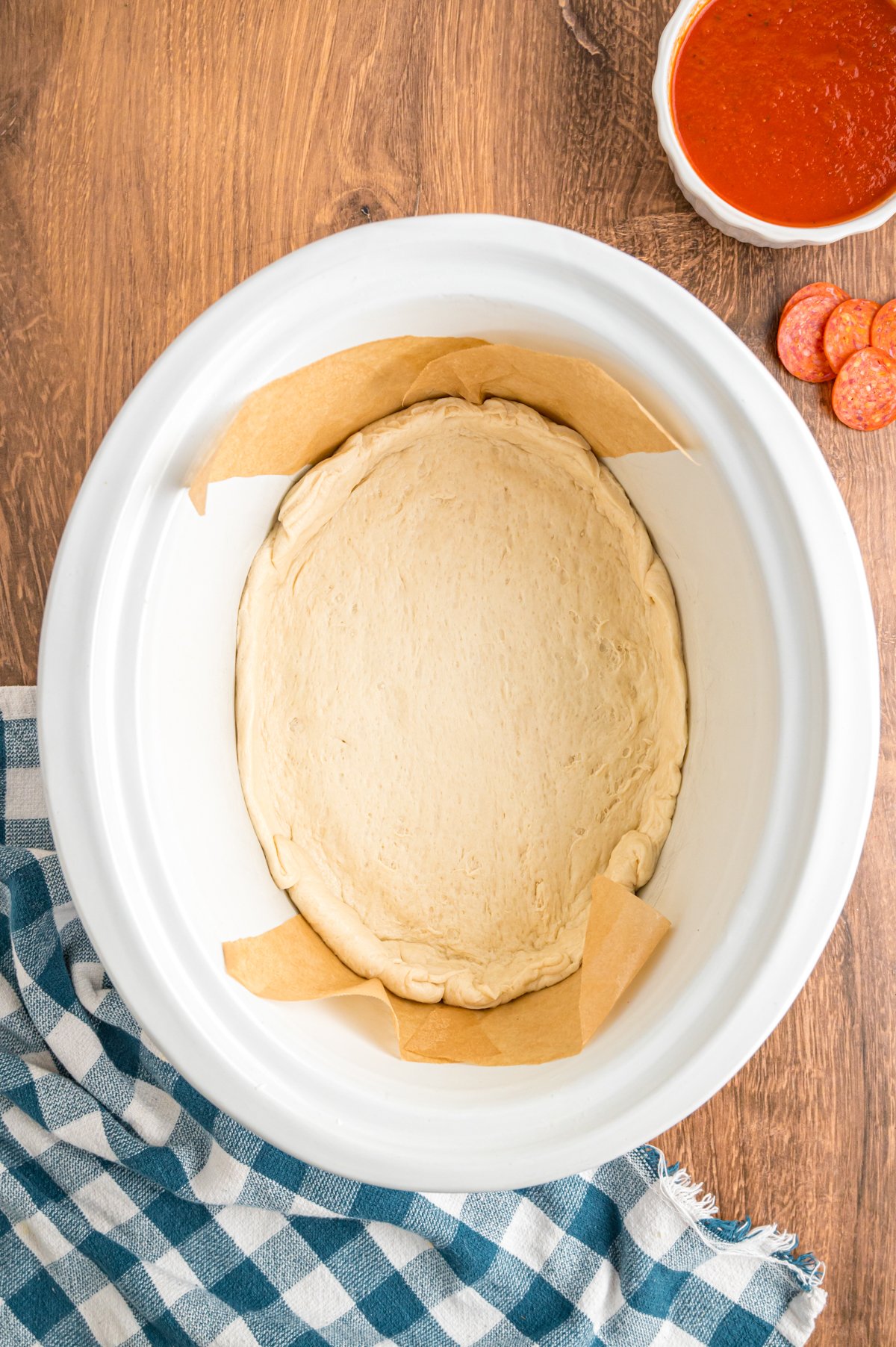 Pizza dough in a crockpot.
