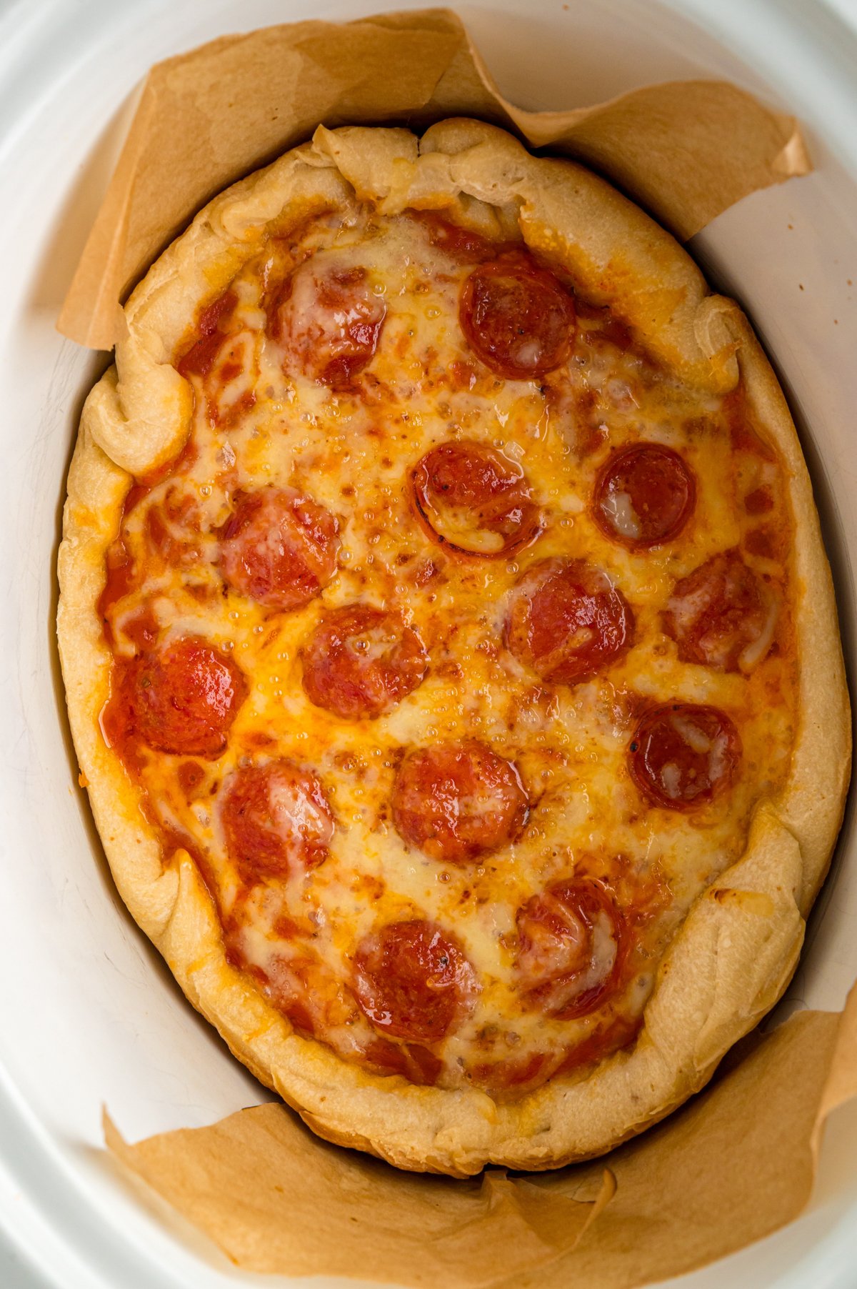 Slow cooker pizza in a crockpot.