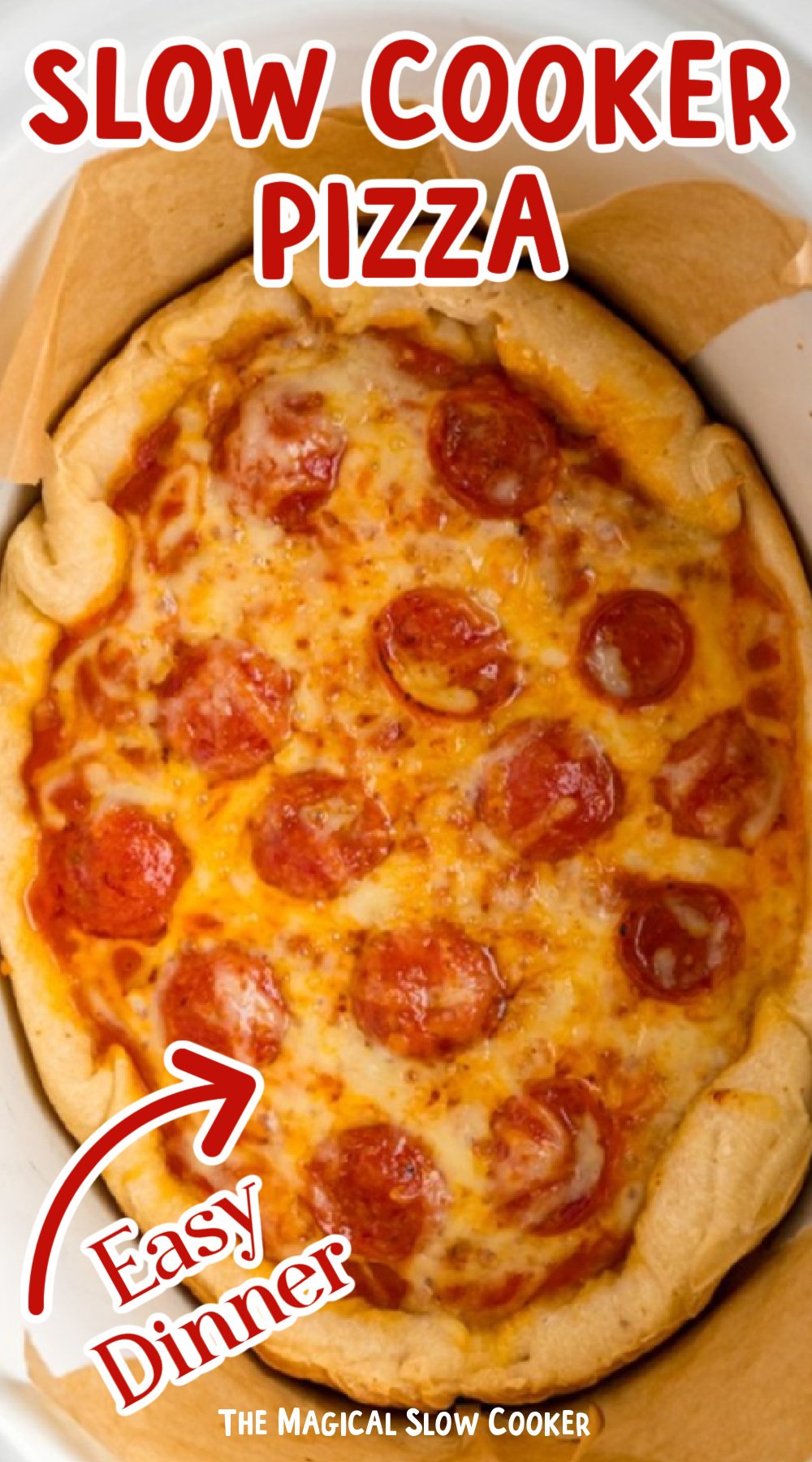 pizza in a crockpot with text overlay for pinterest.
