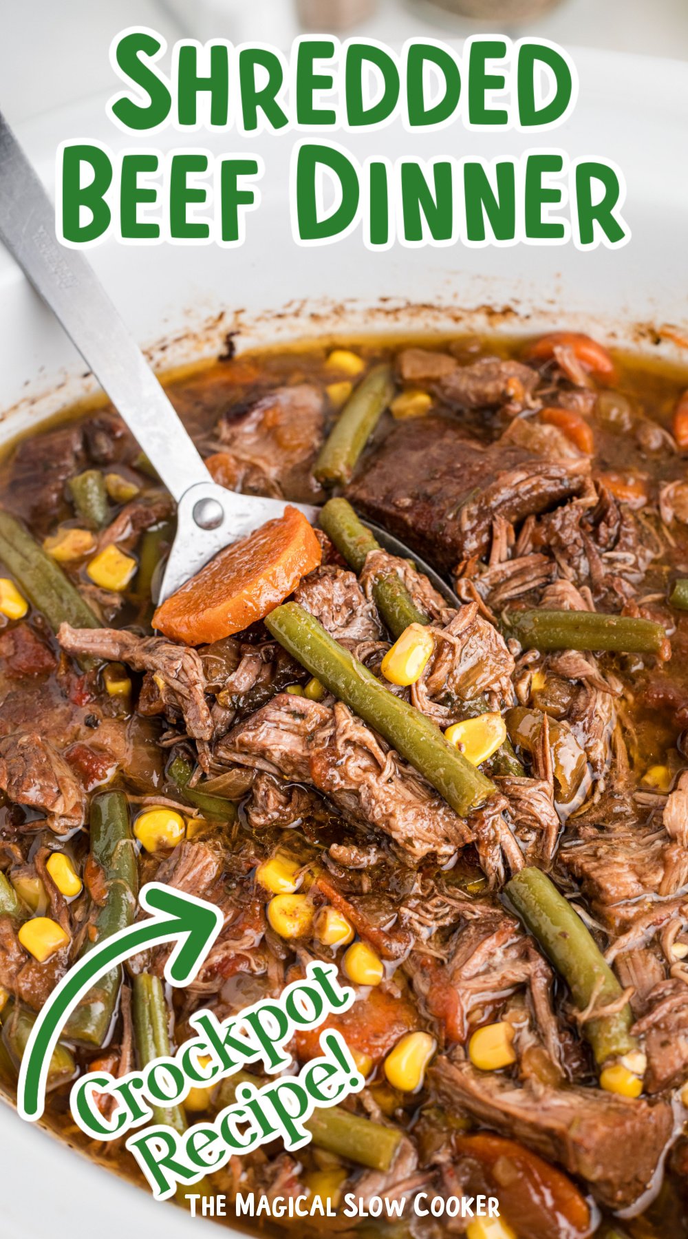 Shredded beef in gravy with vegetables in a slow cooker with text overlay.