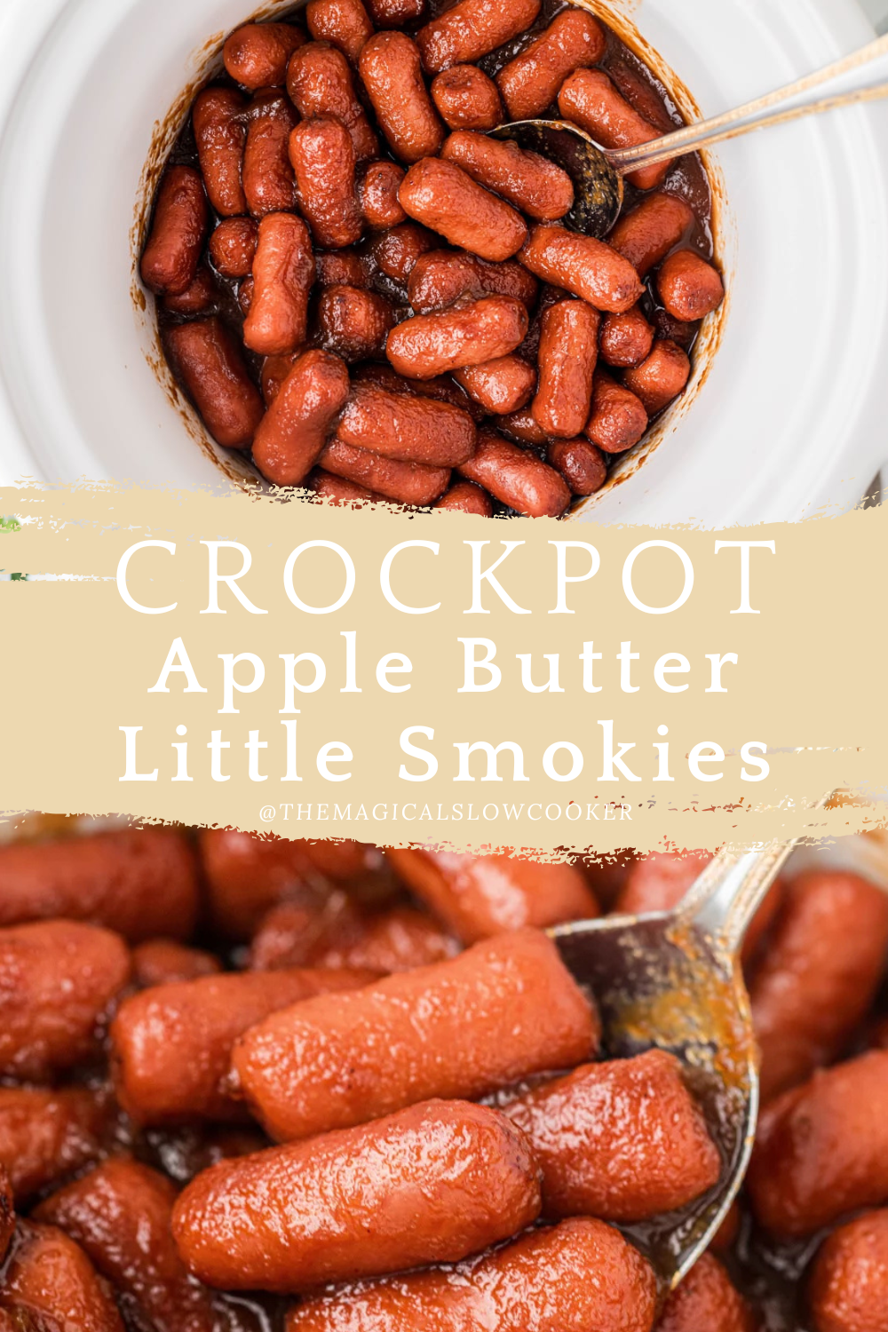 apple butter little smokies in a slow cooker and on a spoon.