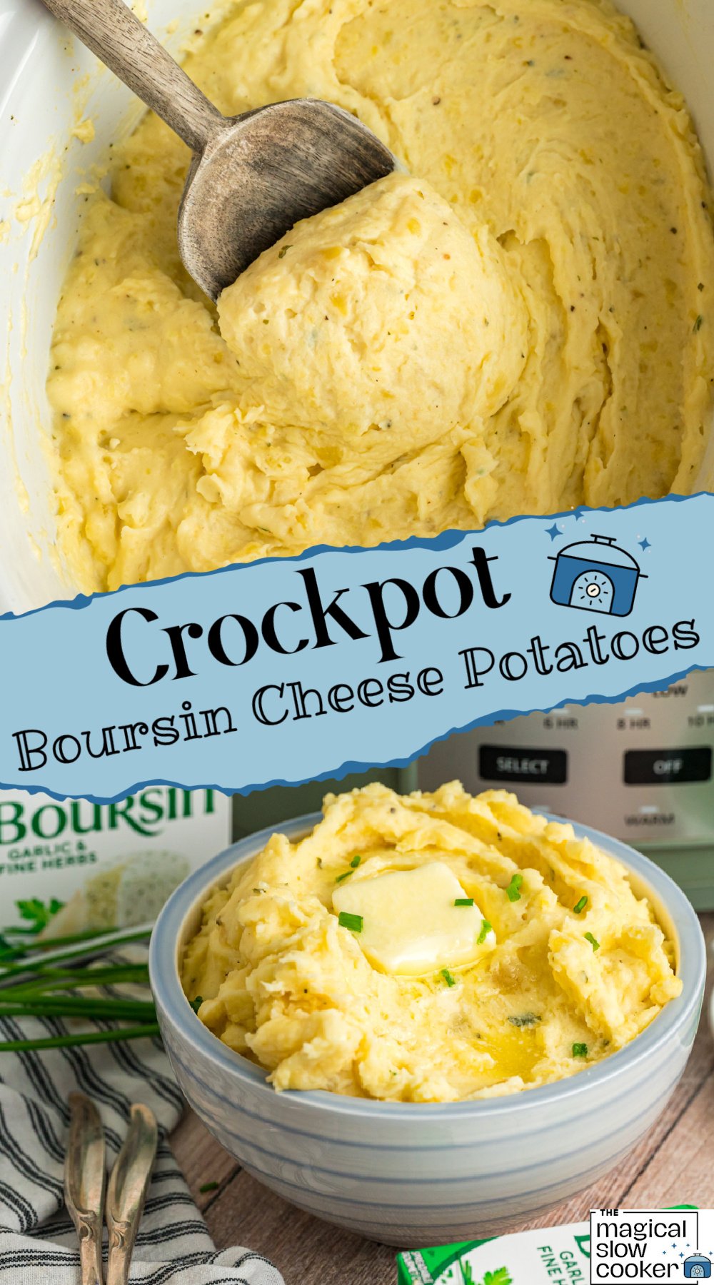 Two images of slow cooker boursin cheese potatoes with text title overlay.