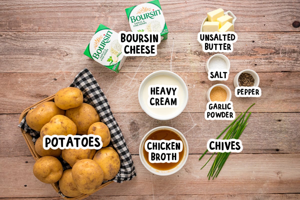 Ingredients for slow cooker boursin cheese potatoes on a table.