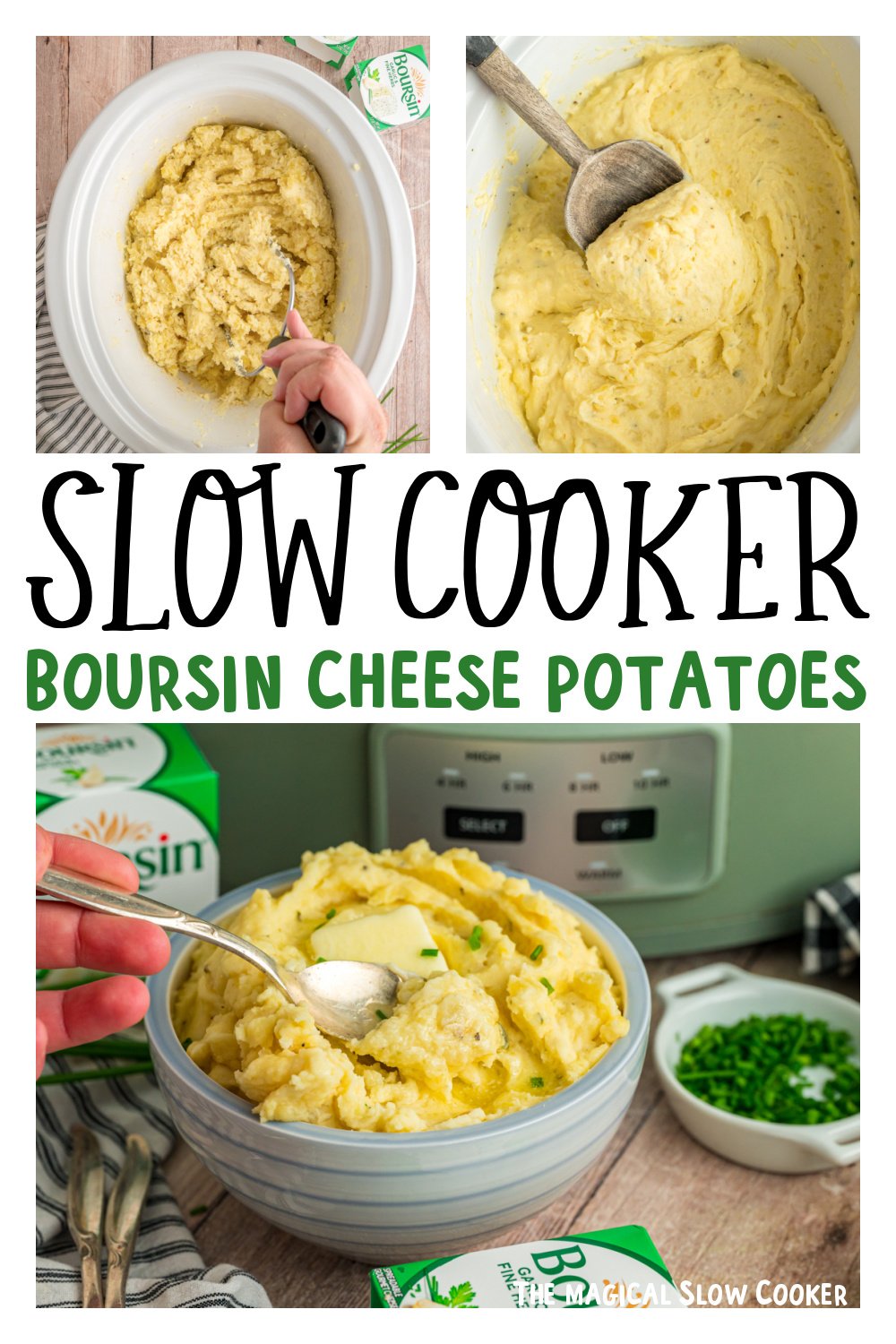 Three images of slow cooker boursin cheese potatoes for pinterest.