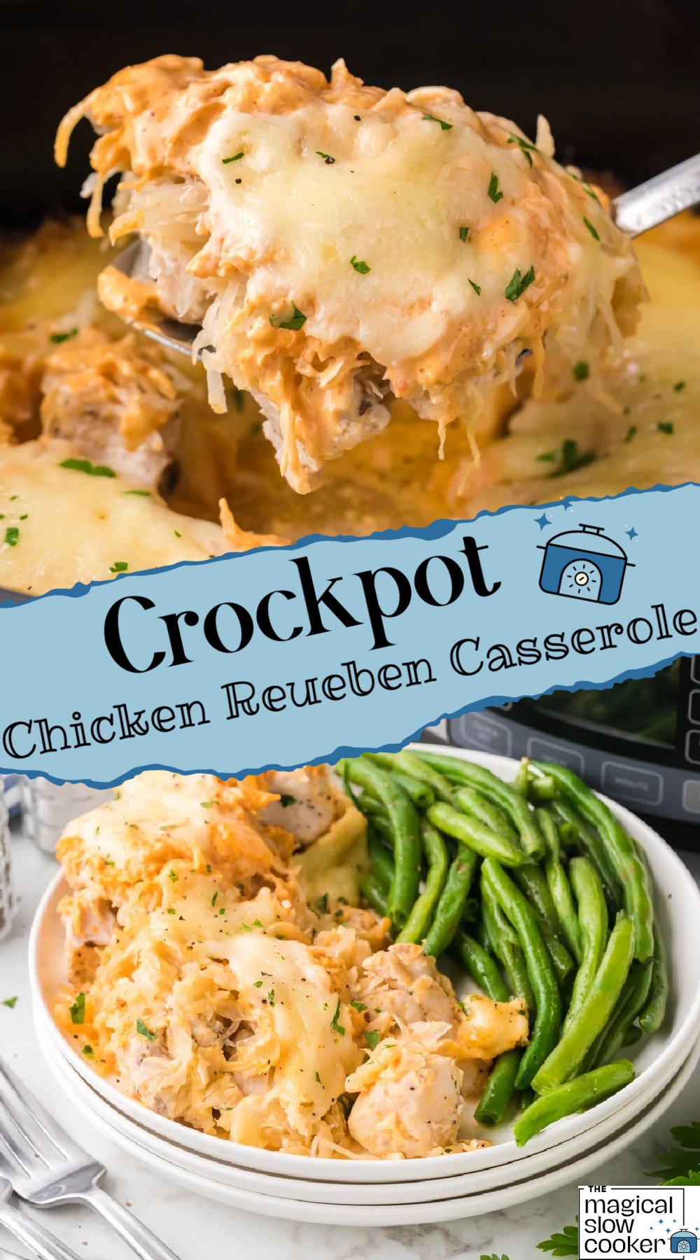chicken reuben casserole on a spoon and on a plate, with text overlay.