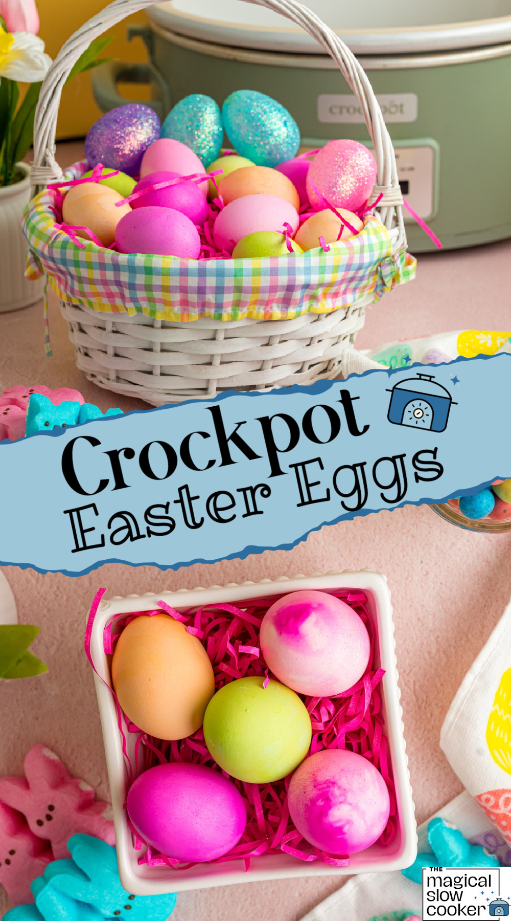 Two images of slow cooker easter eggs with title text overlay.