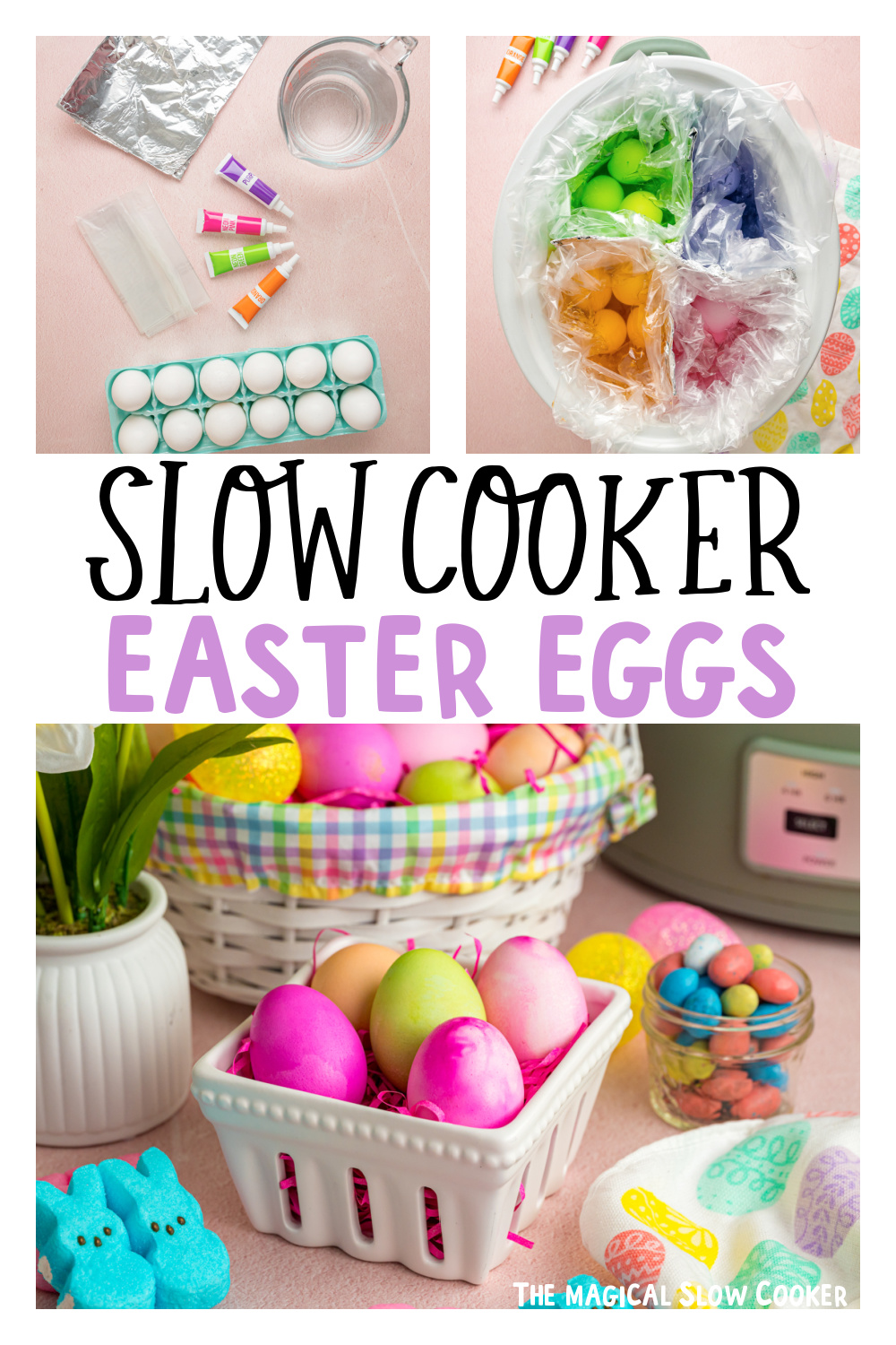 Three images of slow cooker easter eggs for pinterest.