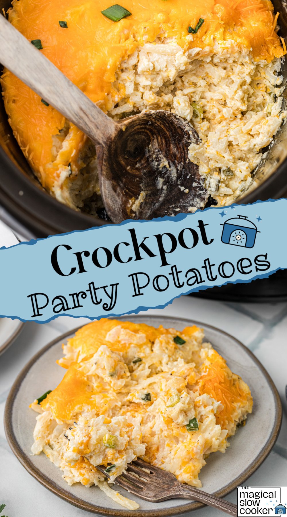 Two images of slow cooker party potatoes with text title overlay.