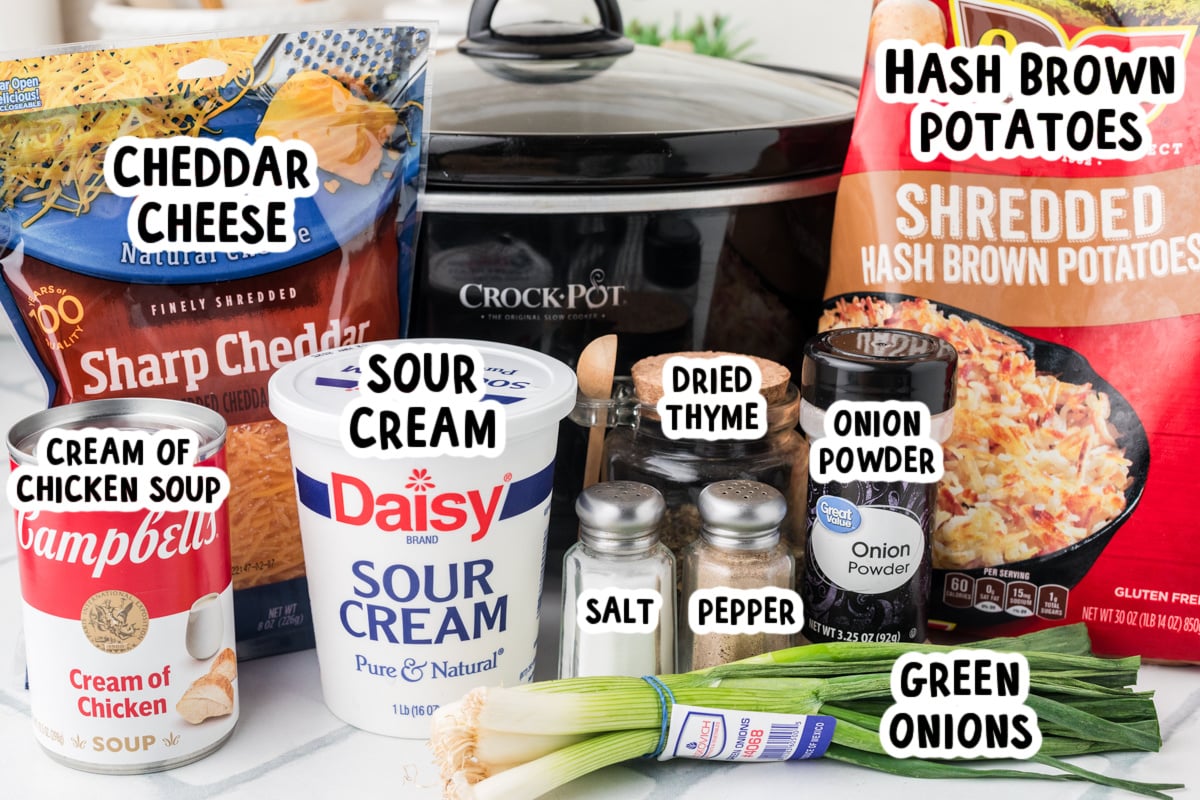 Ingredients for slow cooker party potatoes on a table.