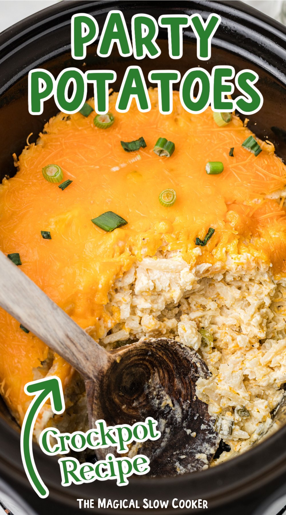 Long image of slow cooker party potatoes with text overlay.