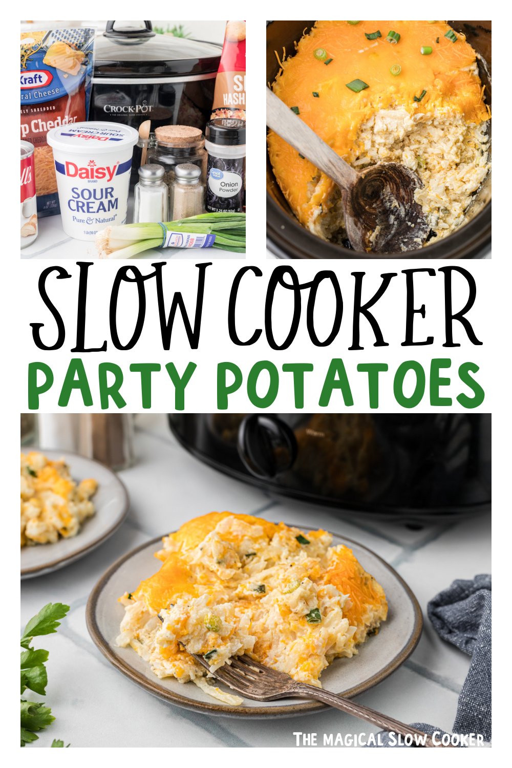 Three images of slow cooker party potatoes for pinterest.