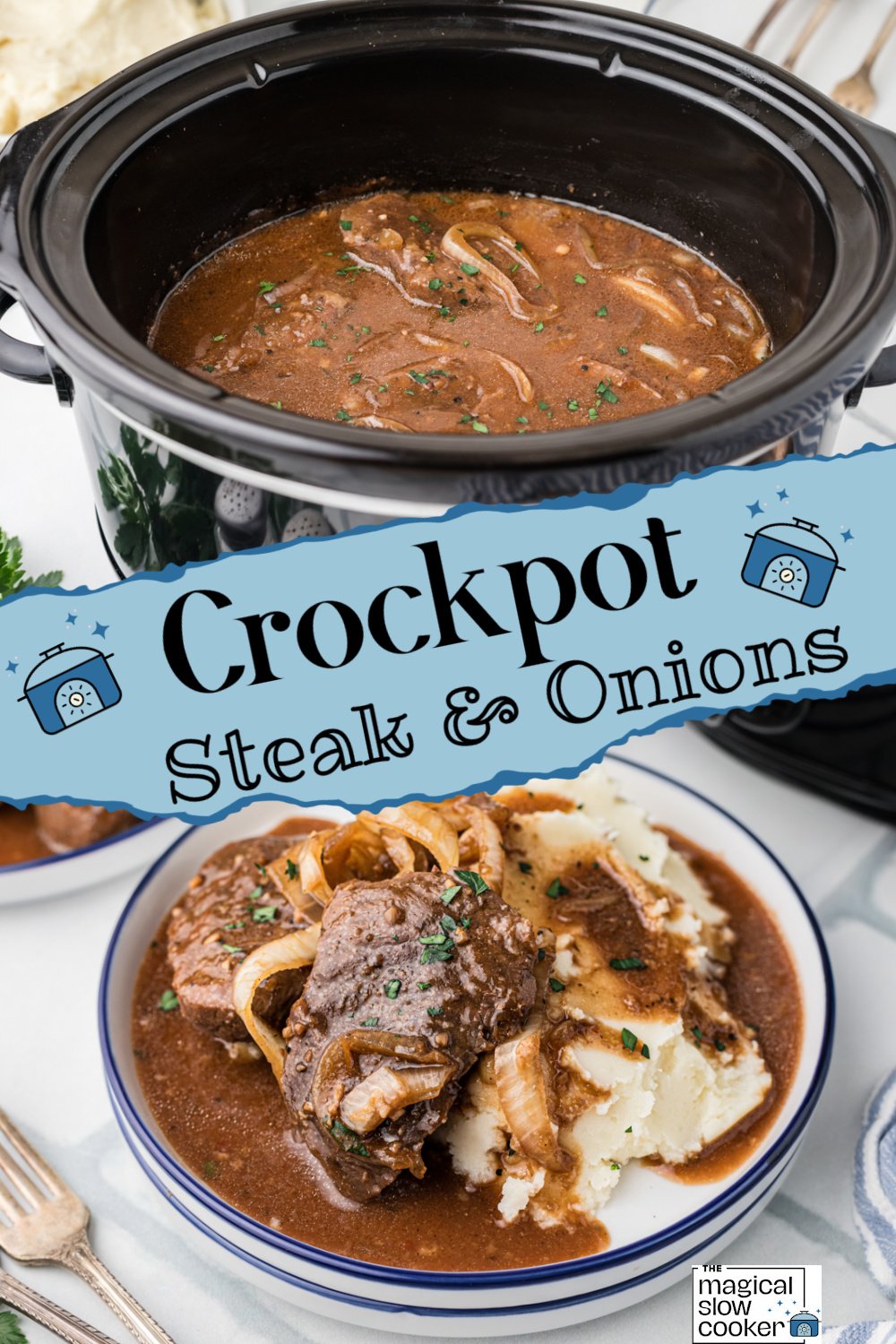 Two images of steak and onions with title text overlay.