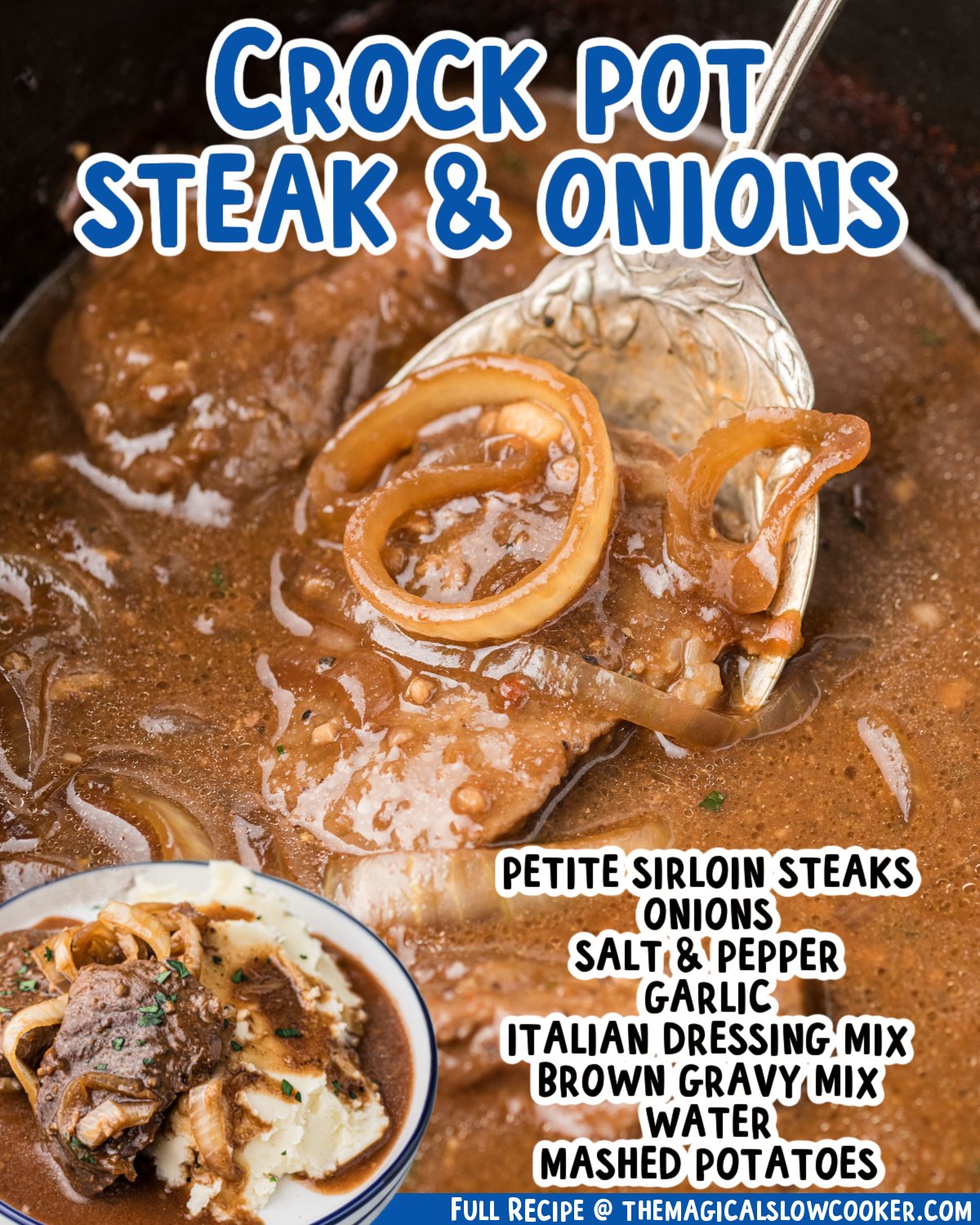 Two images of steak and onions with text list of ingredients.