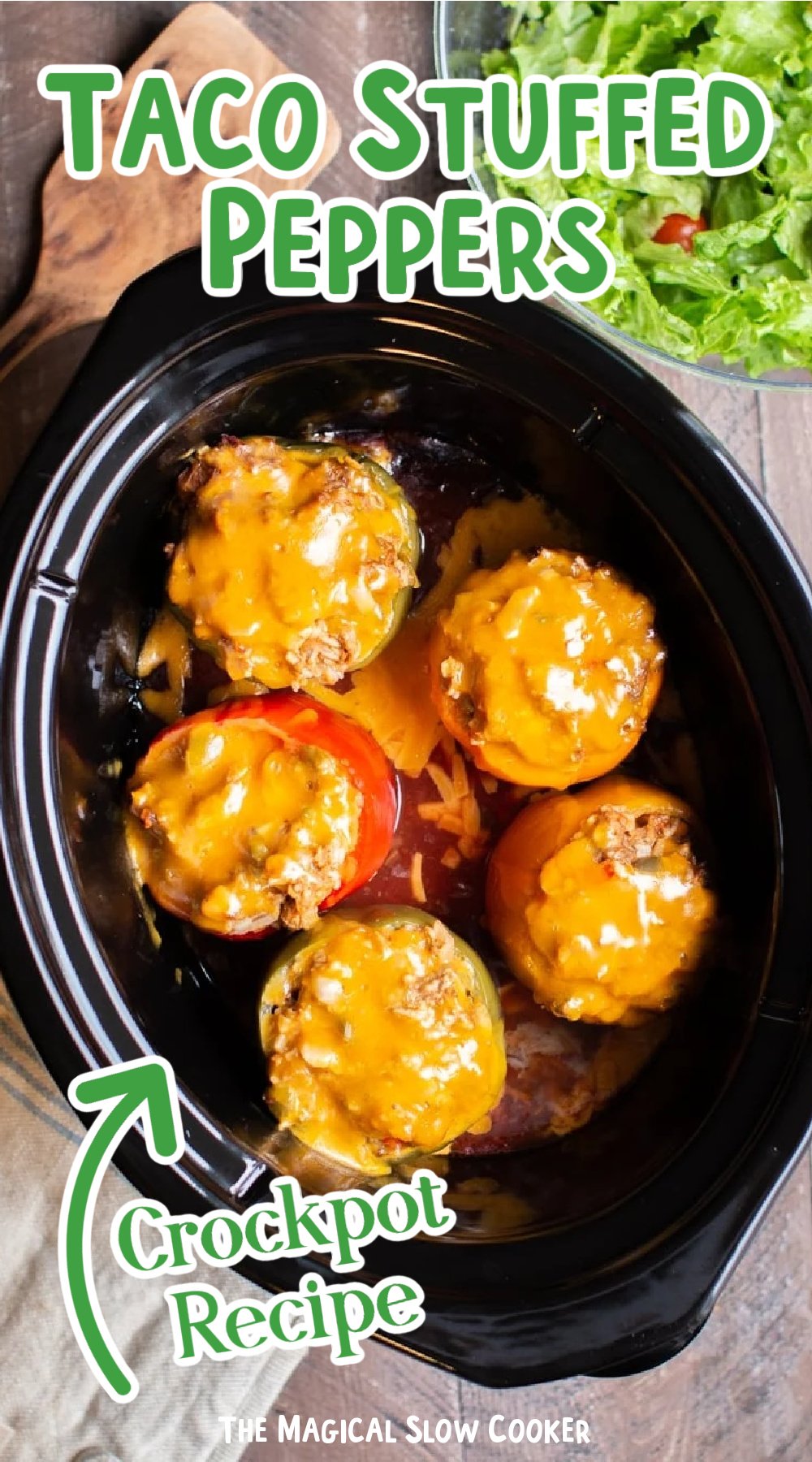 taco stuffed peppers in a slow cooker with text overlay.