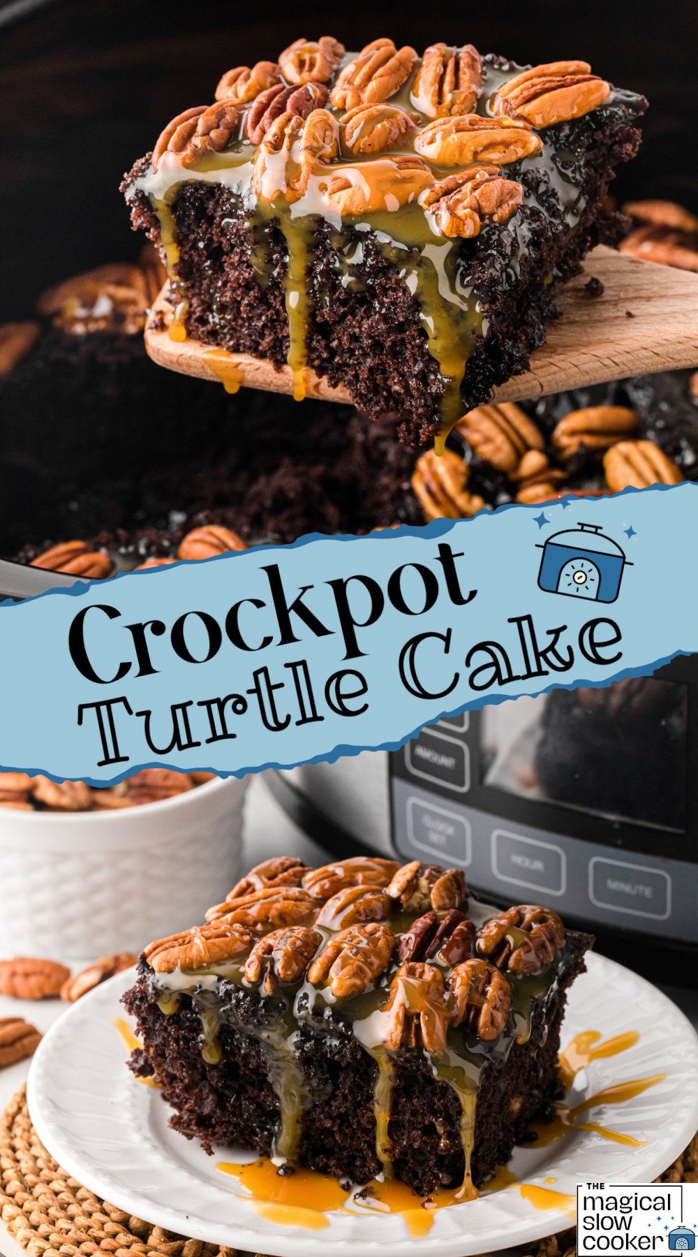 Two images of slow cooker turtle cake with title text overlay.