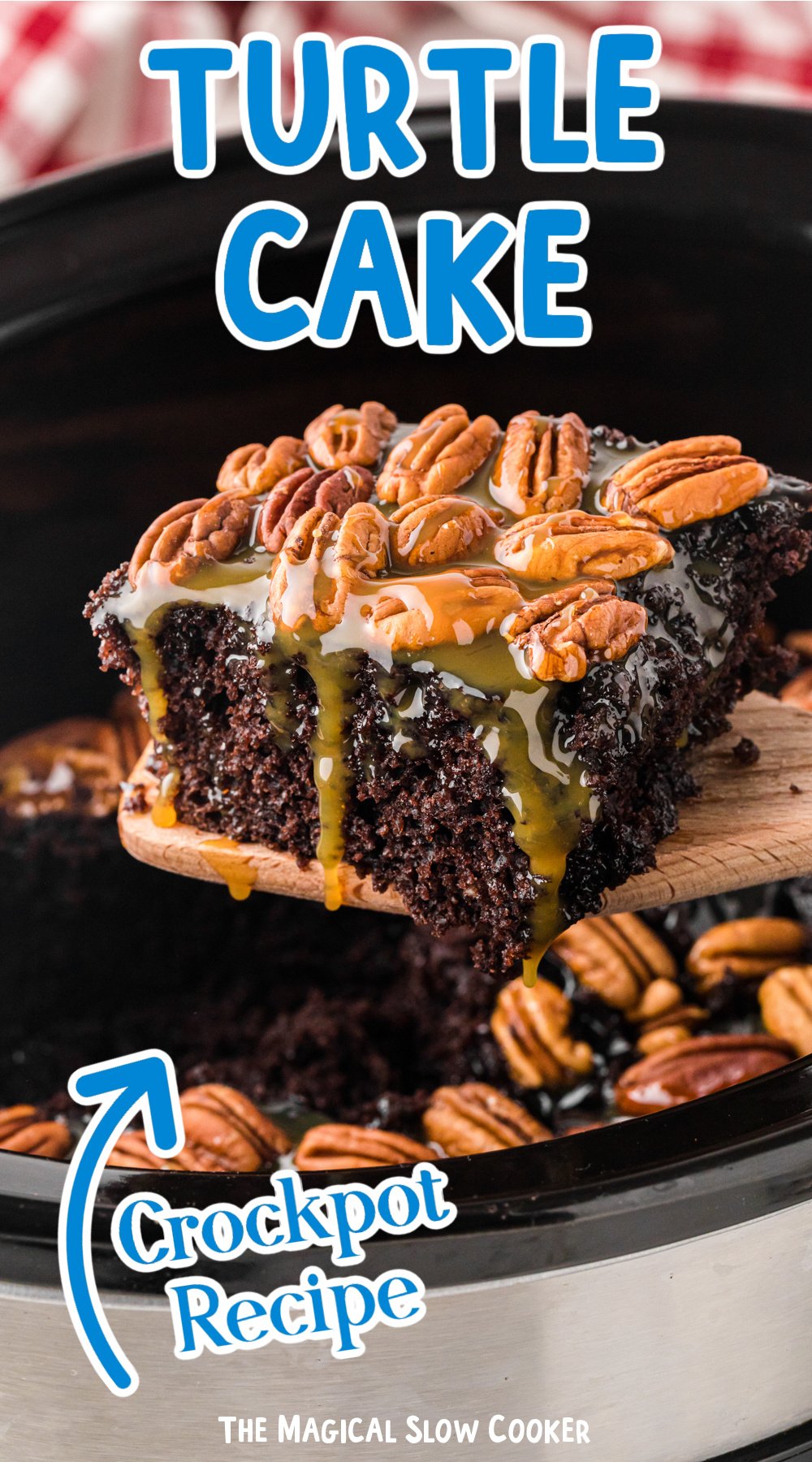 Long image of slow cooker turtle cake with text overlay.