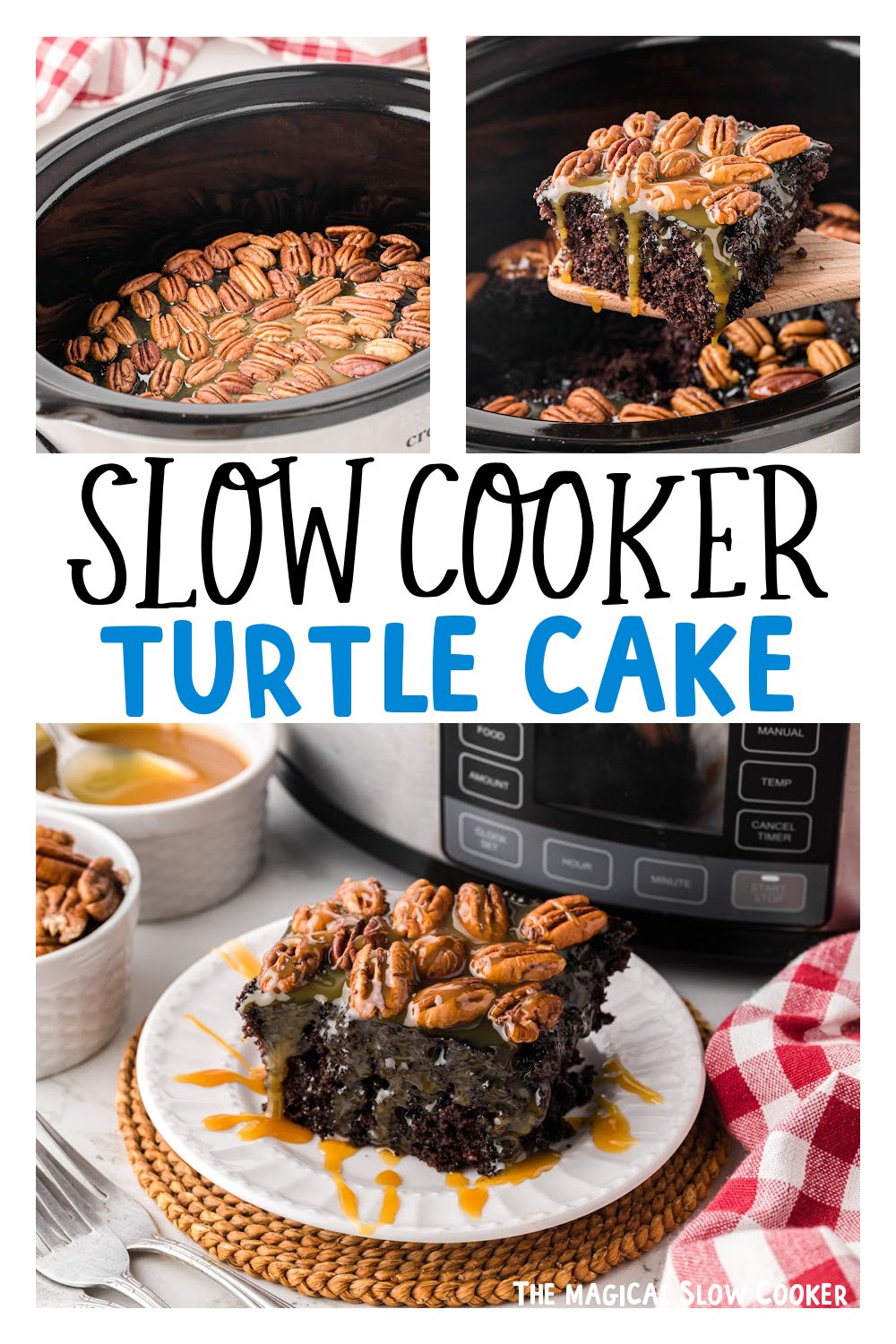 Three images of slow cooker turtle cake for pinterest.