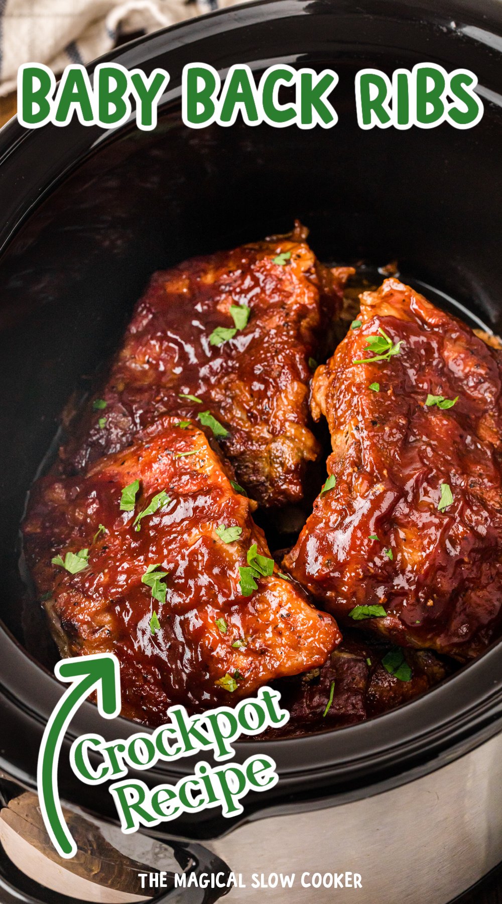 Long image of slow cooker baby back ribs with text overlay.